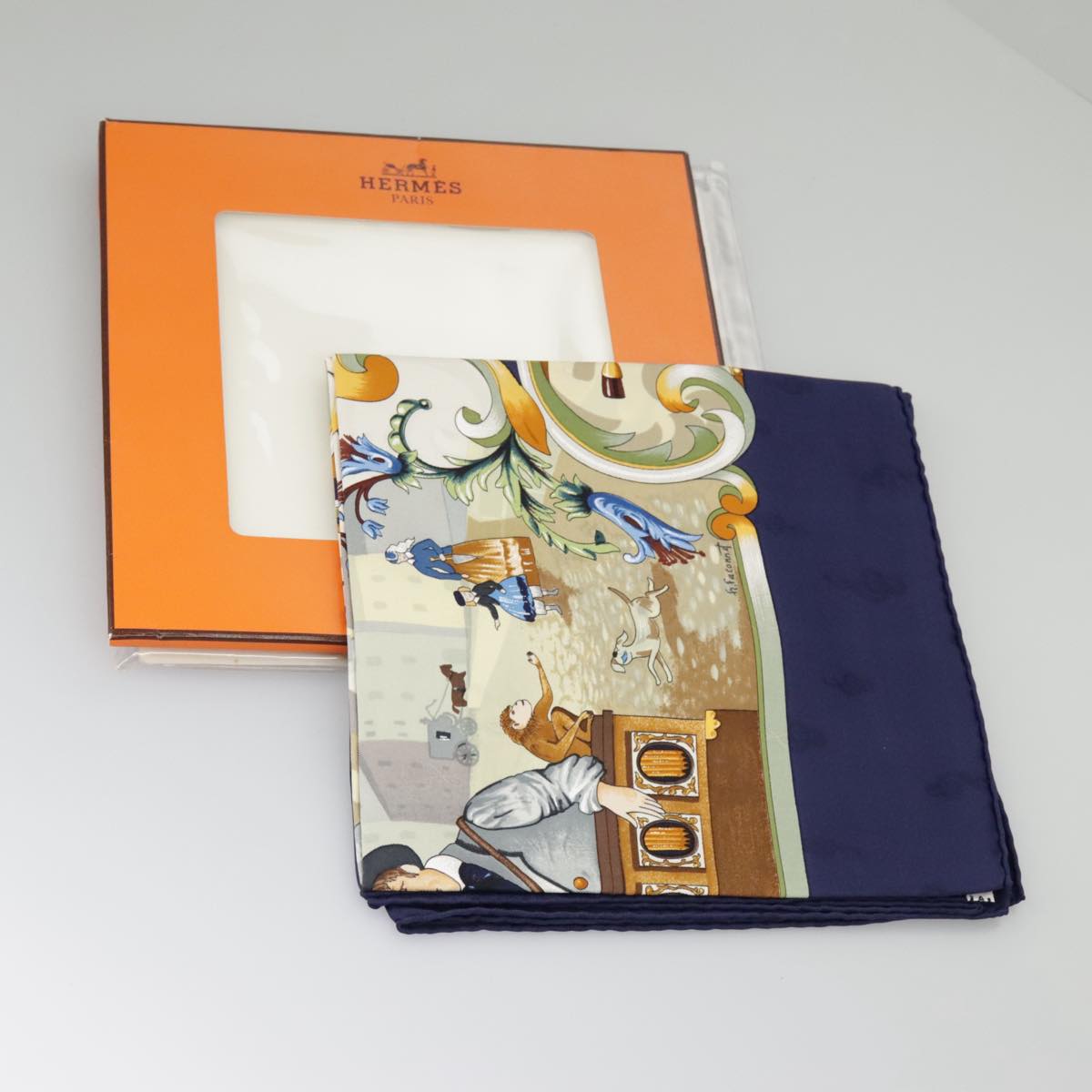 HERMES Carre 90 Scarf ""ORGAUPHONE ET AUTRES MECANIQUES"" Silk Navy Auth ki5010