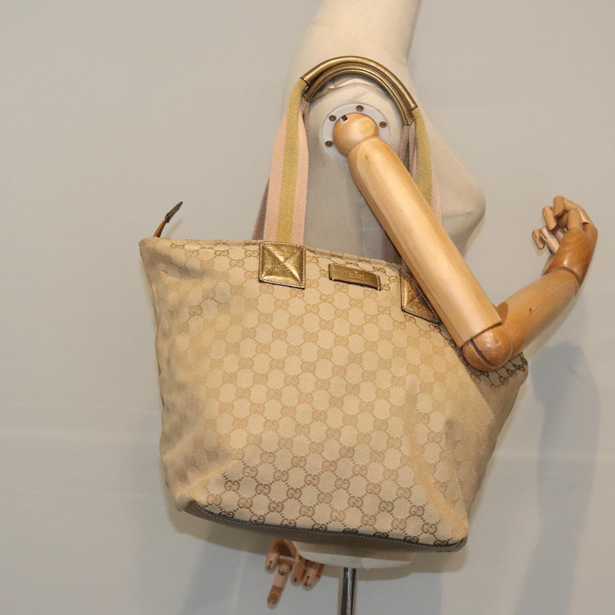 GUCCI GG Canvas Sherry Line Tote Bag Gold Pink Silver 131231 Auth ki5011