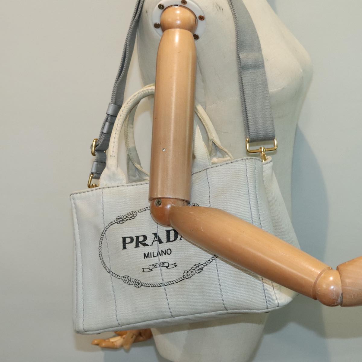 PRADA Canapa PM Hand Bag Canvas 2way Gray Gold Auth ki5017