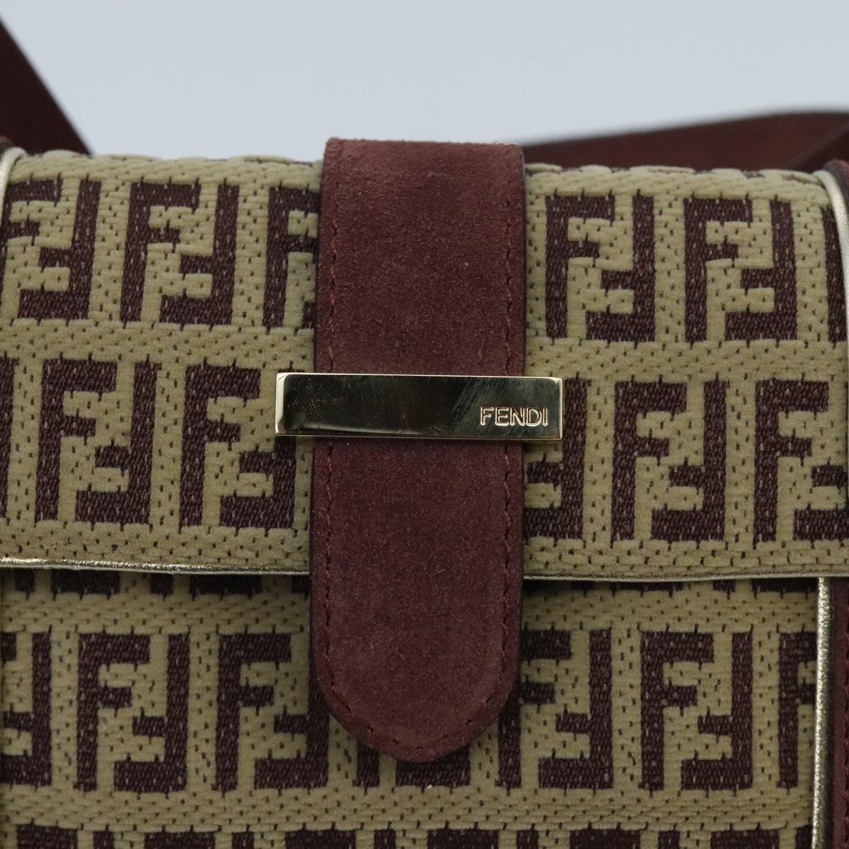 FENDI Zucchino Canvas Hand Bag Suede Beige Bordeaux Auth ki5026