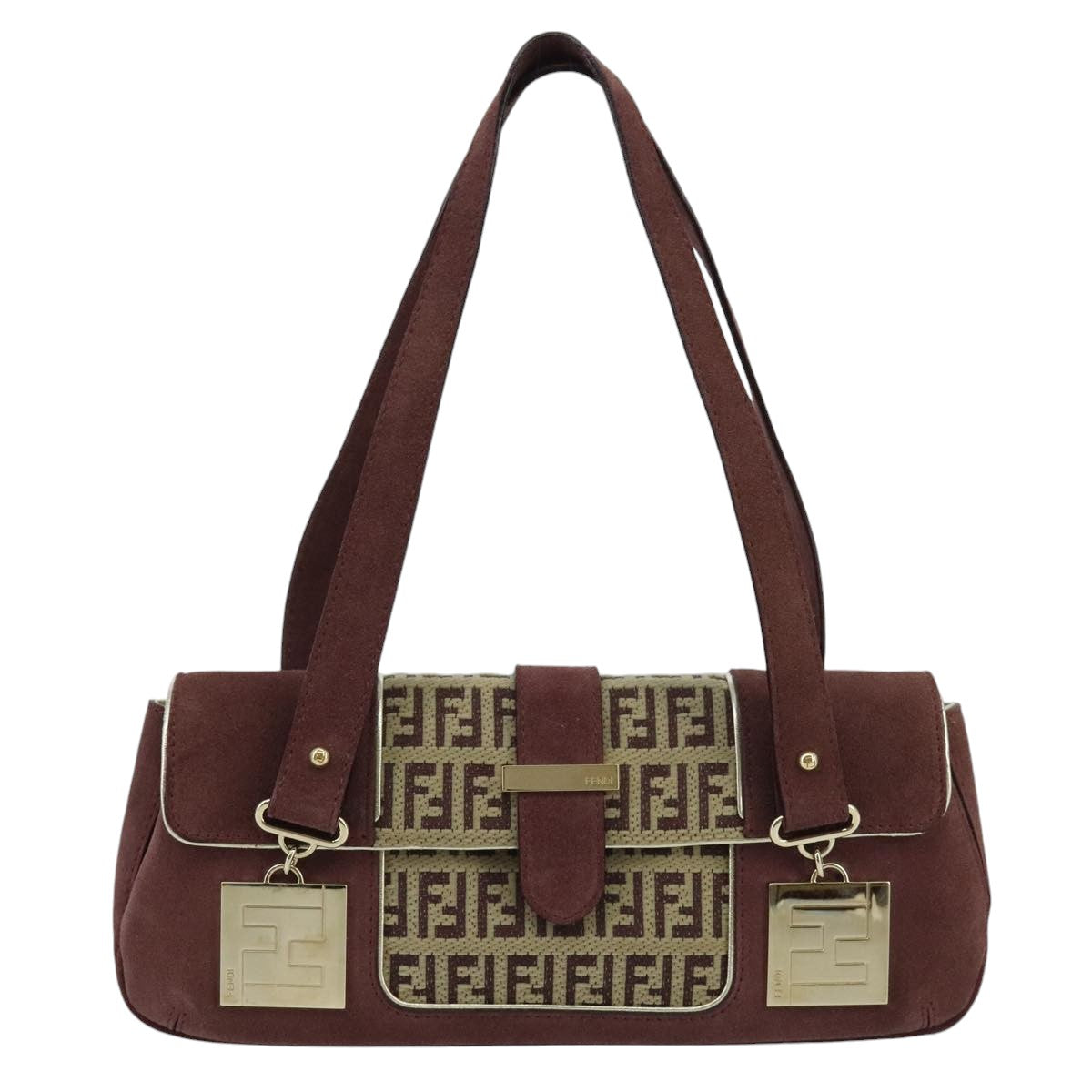 FENDI Zucchino Canvas Hand Bag Suede Beige Bordeaux Auth ki5026