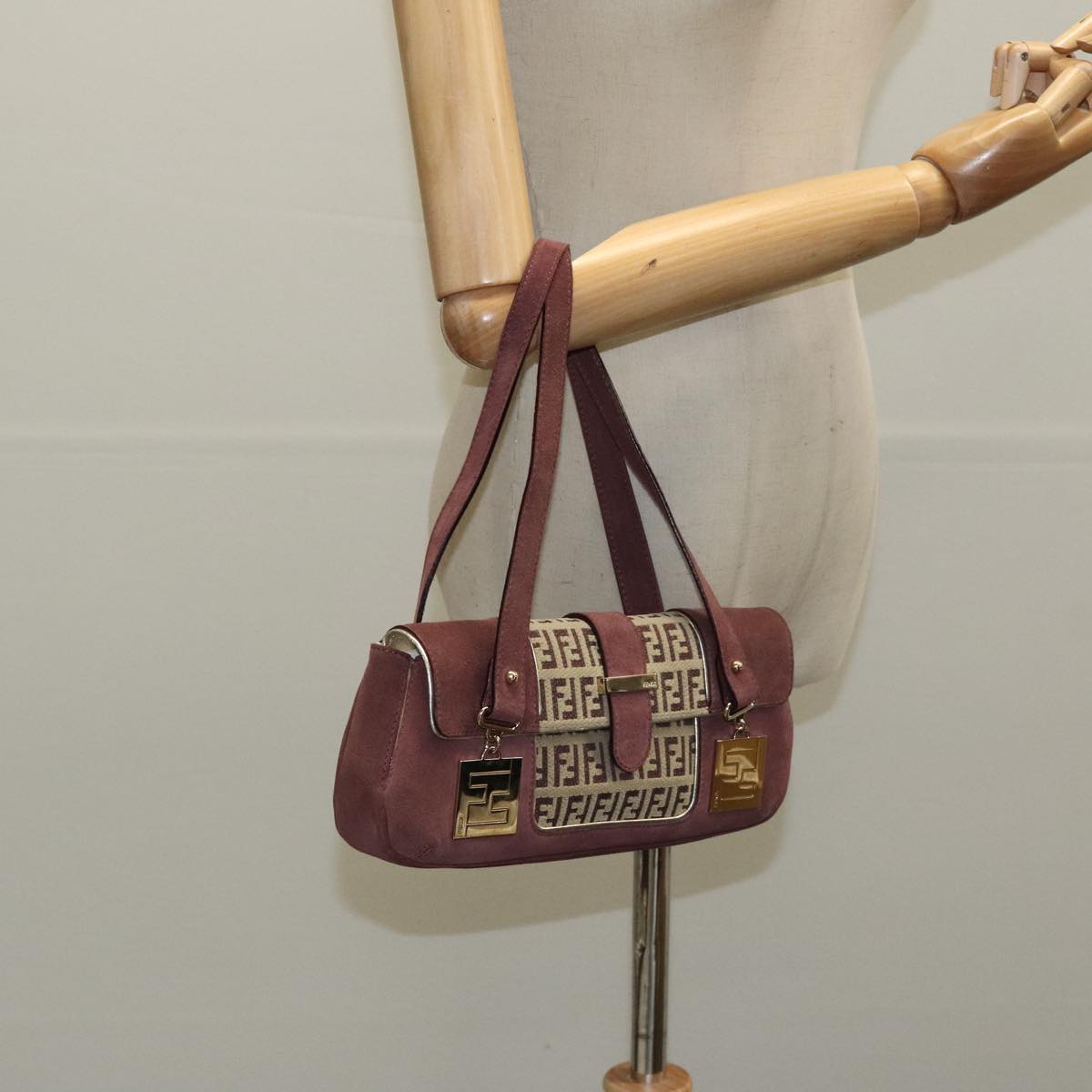 FENDI Zucchino Canvas Hand Bag Suede Beige Bordeaux Auth ki5026