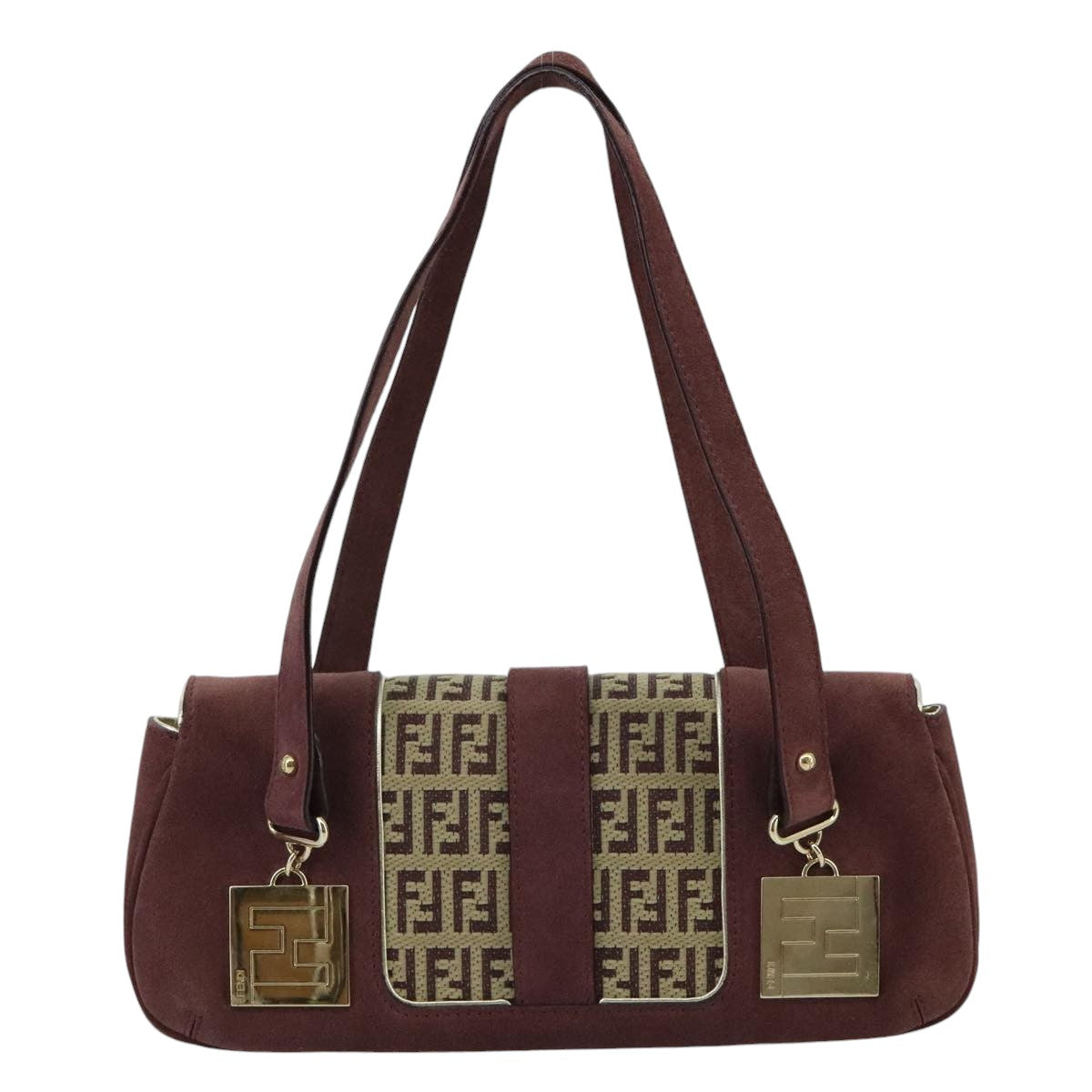 FENDI Zucchino Canvas Hand Bag Suede Beige Bordeaux Auth ki5026