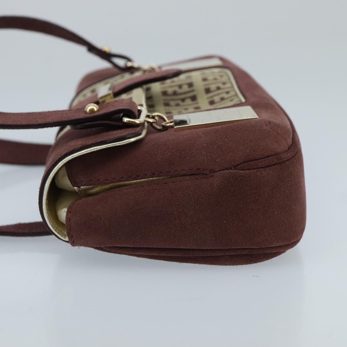 FENDI Zucchino Canvas Hand Bag Suede Beige Bordeaux Auth ki5026