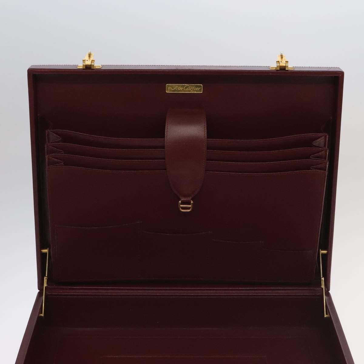 CARTIER Attache Case Leather Bordeaux Gold Auth ki5028