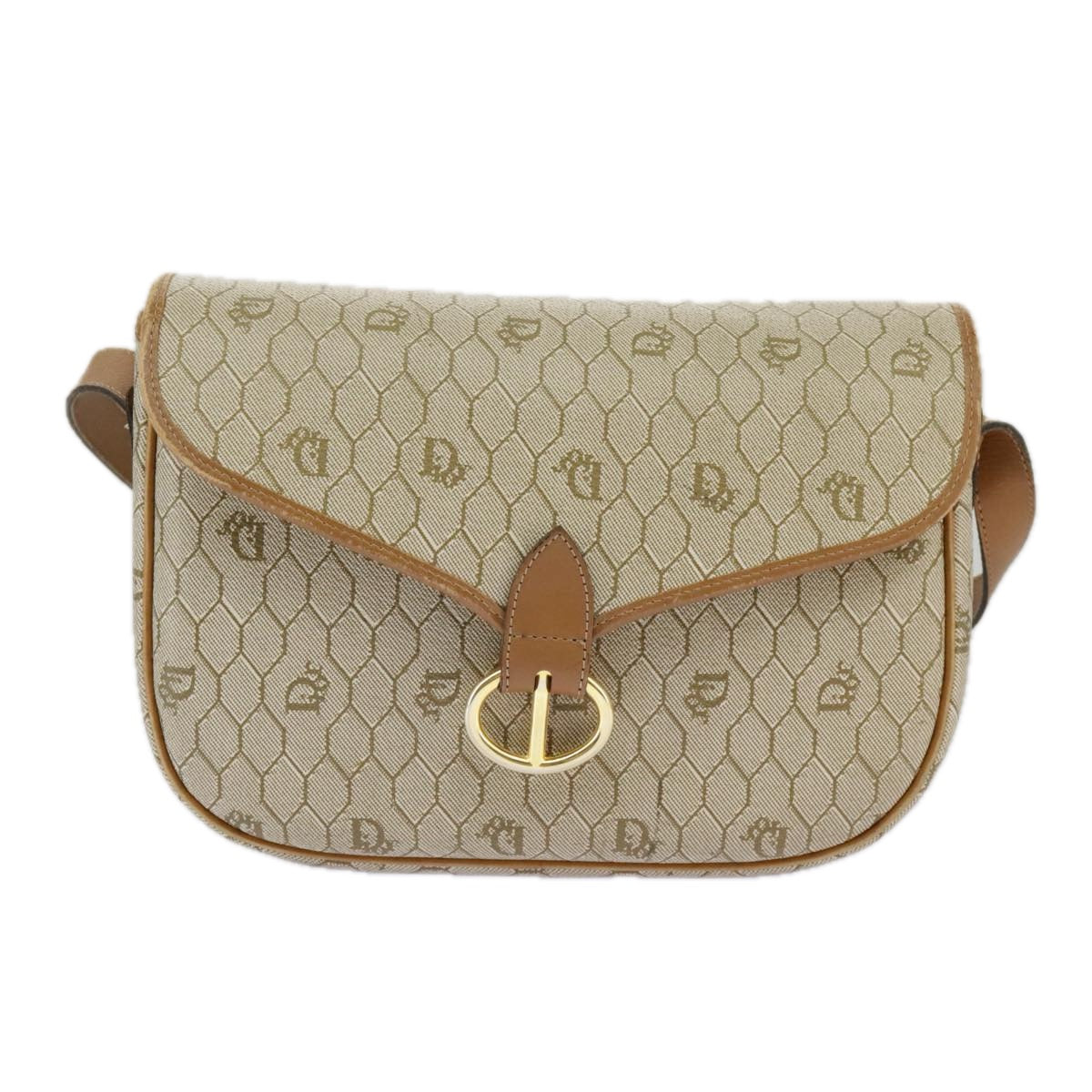 Christian Dior Honeycomb Canvas Shoulder Bag PVC Leather Beige Gold Auth ki5029