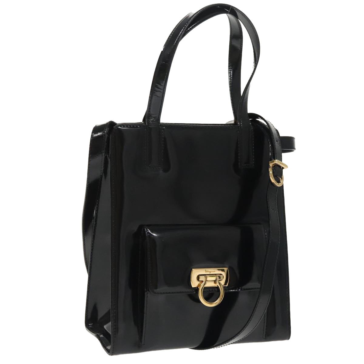 Salvatore Ferragamo Gancini Shoulder Bag Patent 2way Black Gold Auth ki5031