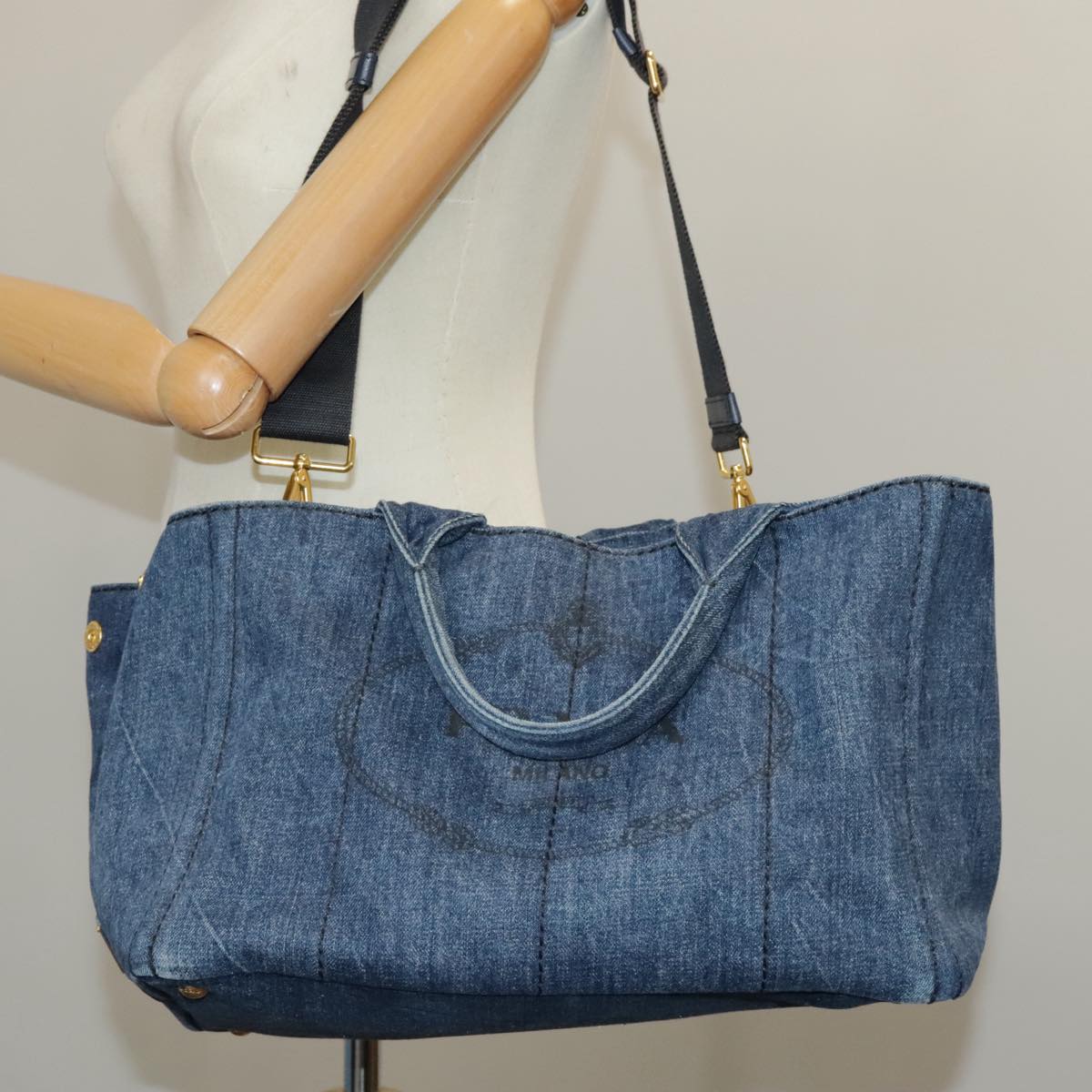 PRADA Canapa MM Hand Bag Denim 2way Blue Gold Auth ki5033