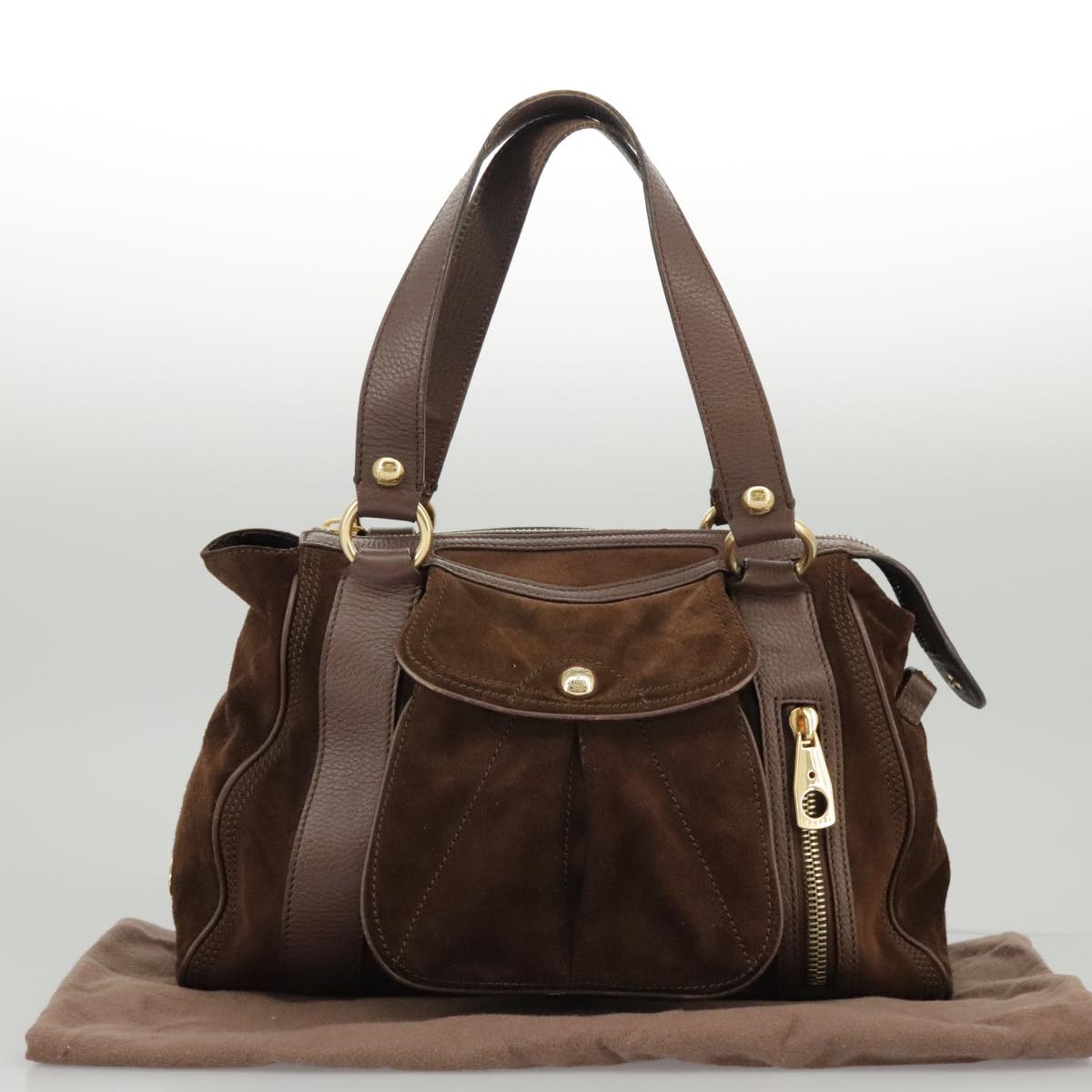 CELINE Hand Bag Suede Brown Gold Auth ki5035