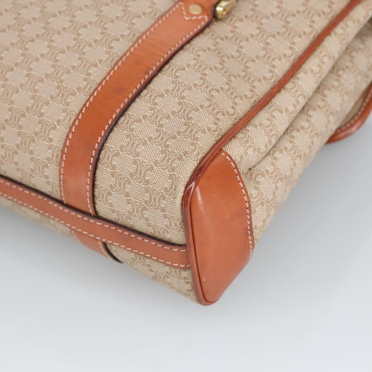 CELINE Macadam Canvas Hand Bag Beige Gold Auth ki5042