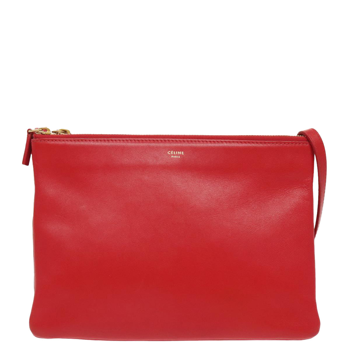 CELINE Trio Shoulder Bag Leather Red Gold Auth ki5101