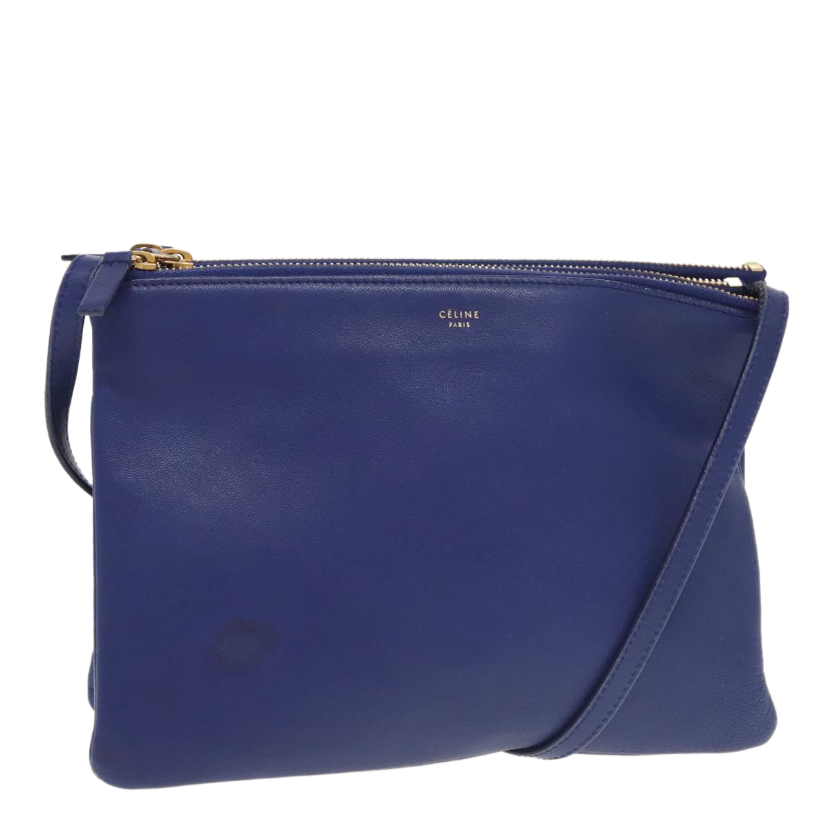 CELINE Trio Shoulder Bag Leather Blue Gold Auth ki5102