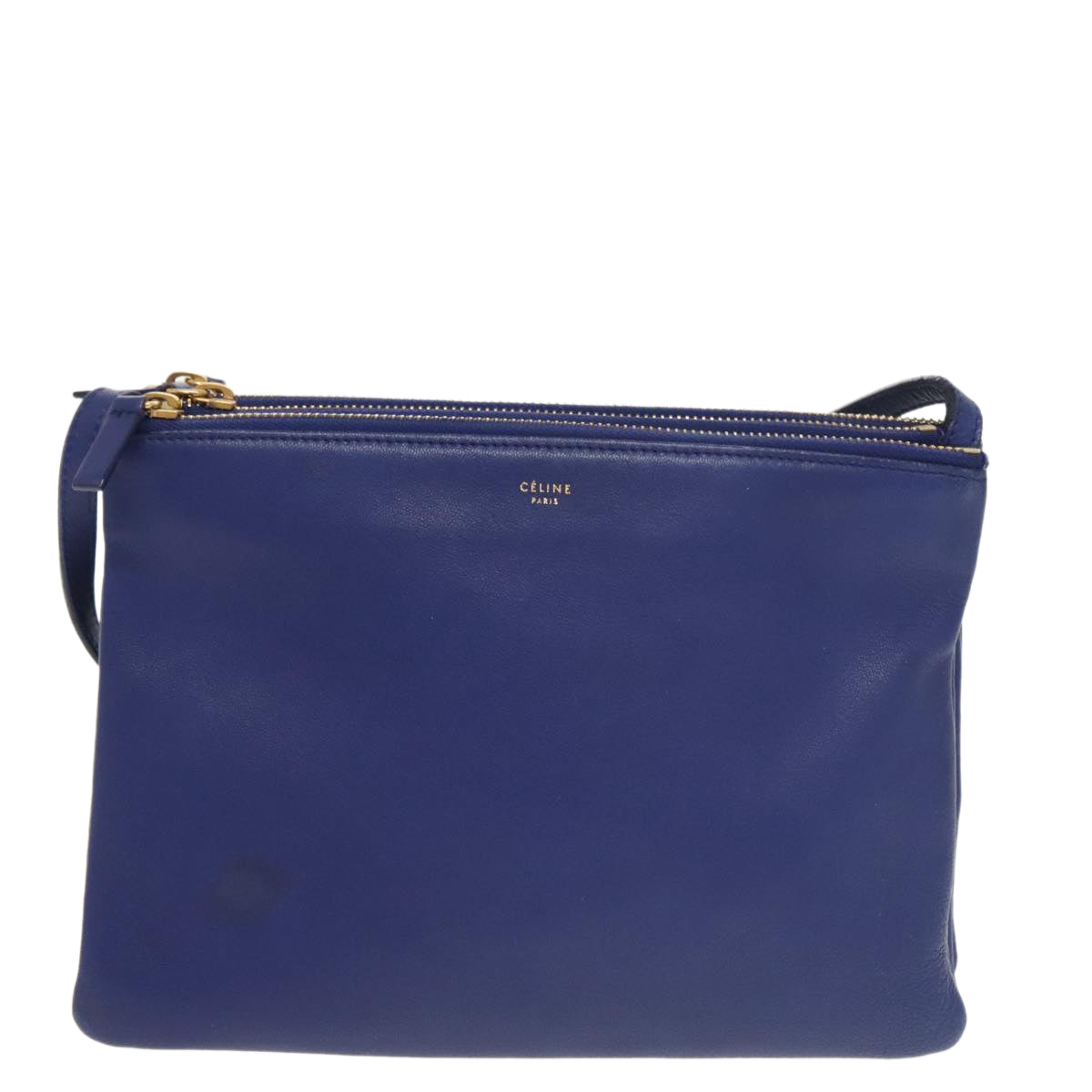 CELINE Trio Shoulder Bag Leather Blue Gold Auth ki5102