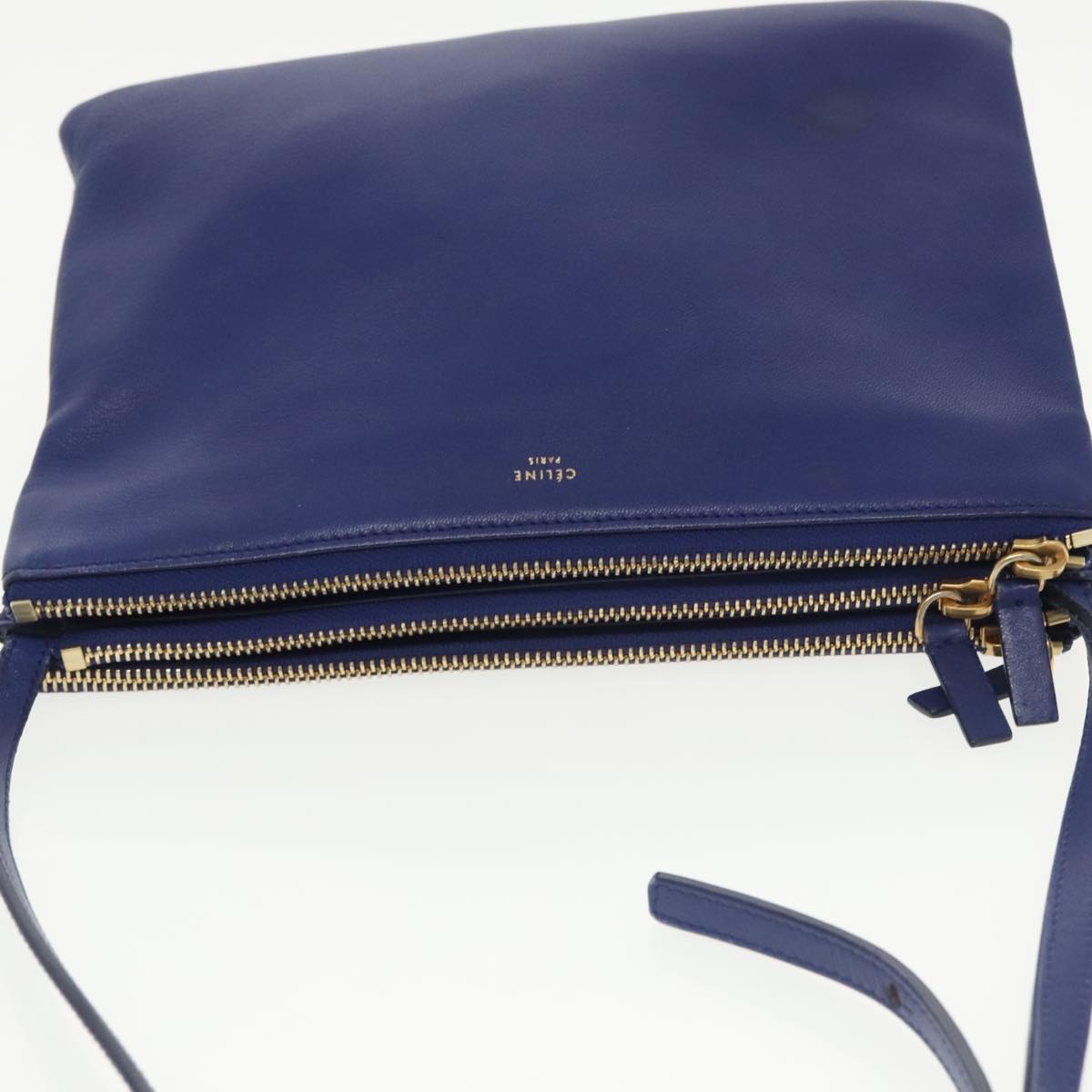 CELINE Trio Shoulder Bag Leather Blue Gold Auth ki5102