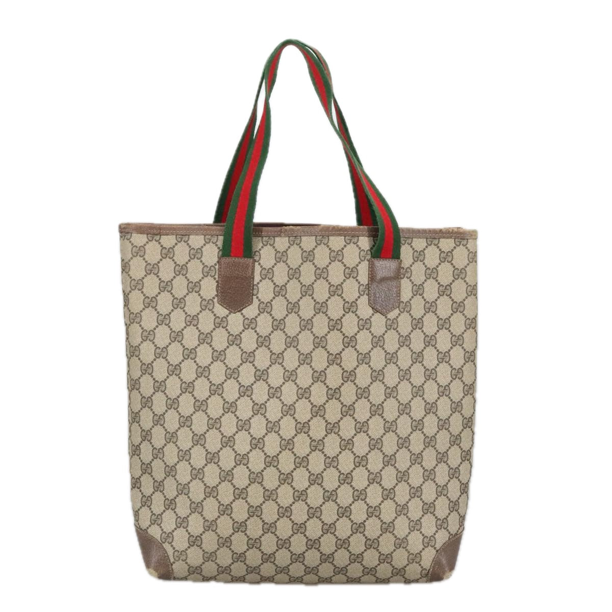 GUCCI GG Supreme Web Sherry Line Tote Bag PVC Leather Beige Auth ki5118