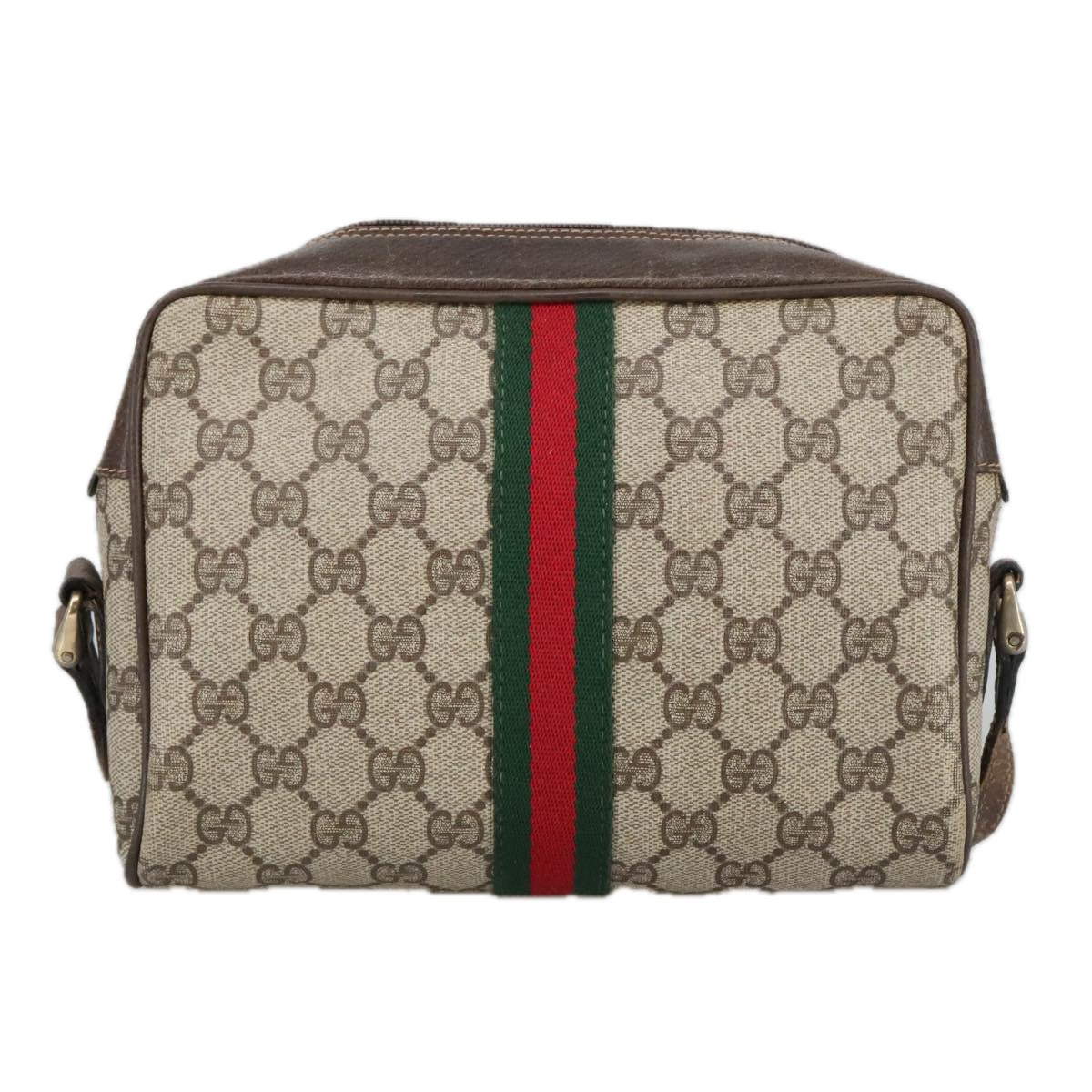 GUCCI GG Supreme Web Sherry Line Shoulder Bag PVC Beige Gold Auth ki5151