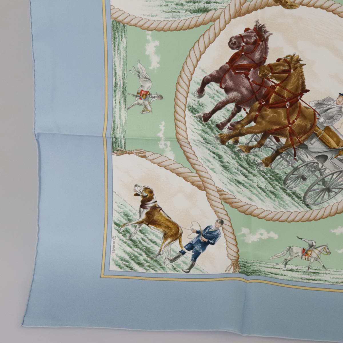 HERMES Carre 90 Scarf ""Auteuil en Mai"" Silk Light Blue Auth ki5164