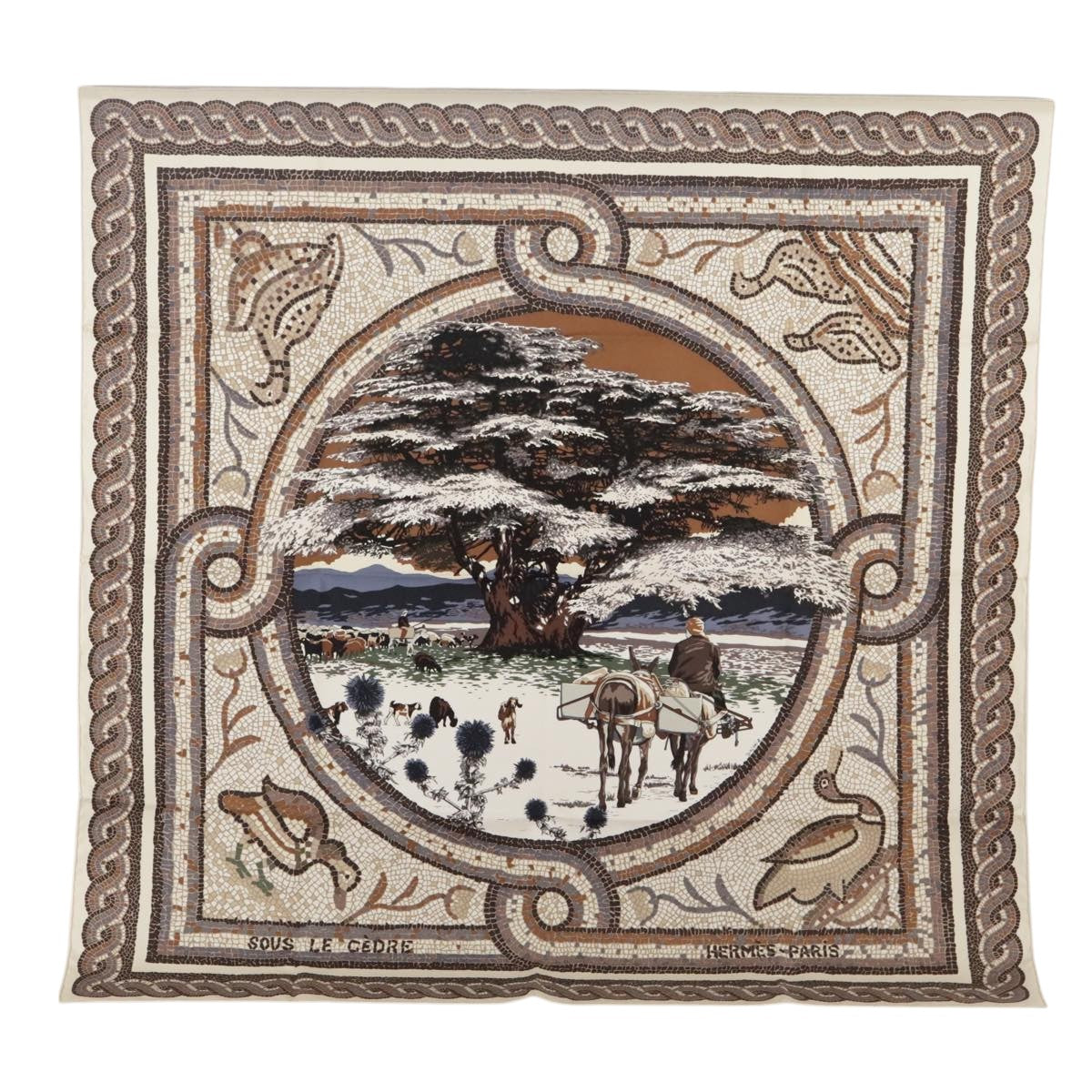 HERMES Carre 90 Scarf ""sous LE CEDRE"" Silk Beige Brown blue Auth ki5165