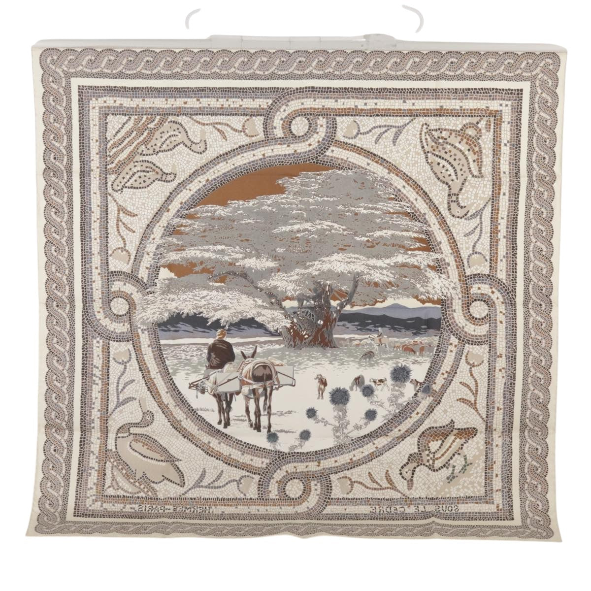 HERMES Carre 90 Scarf ""sous LE CEDRE"" Silk Beige Brown blue Auth ki5165