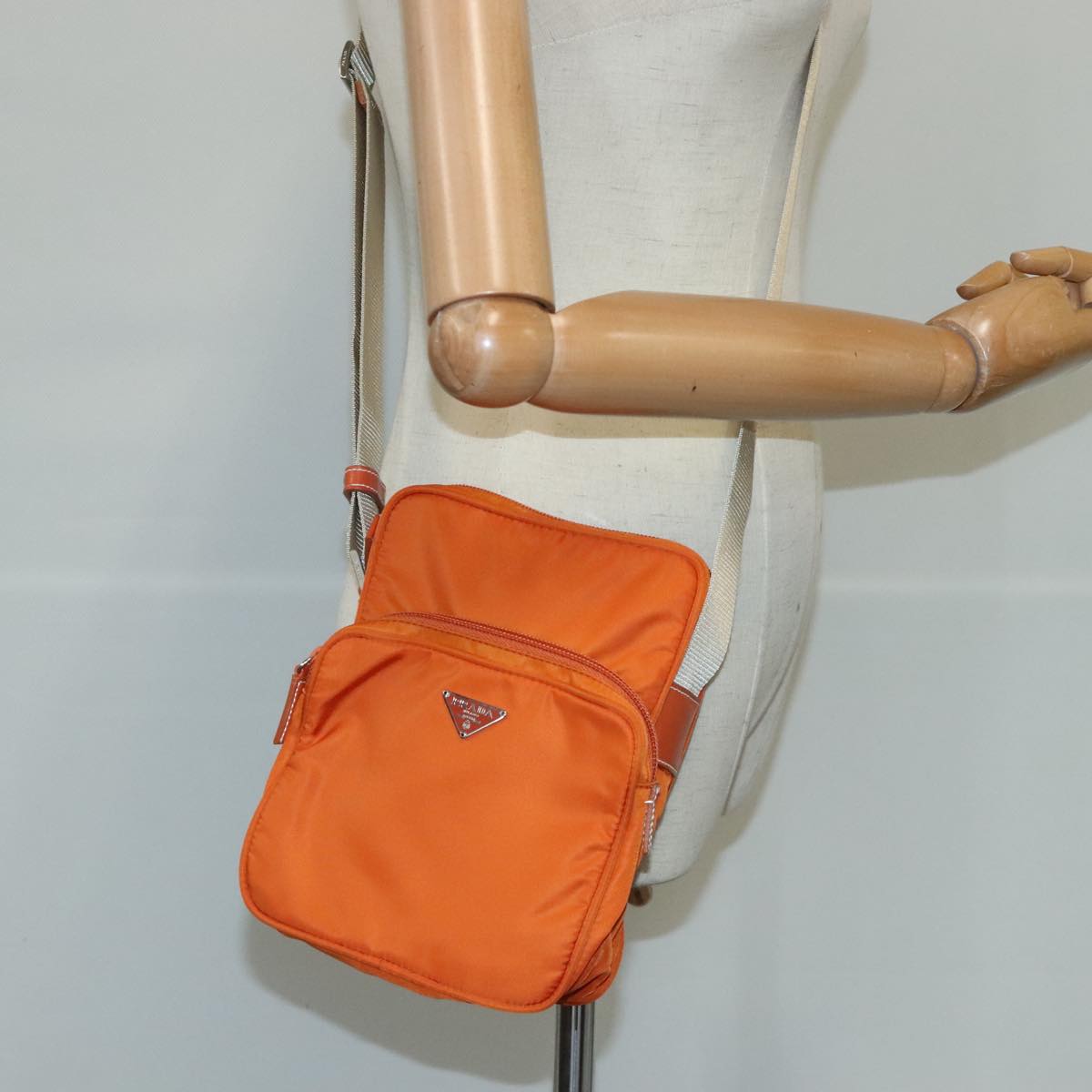 PRADA Shoulder Bag Nylon Orange Silver Auth ki5199