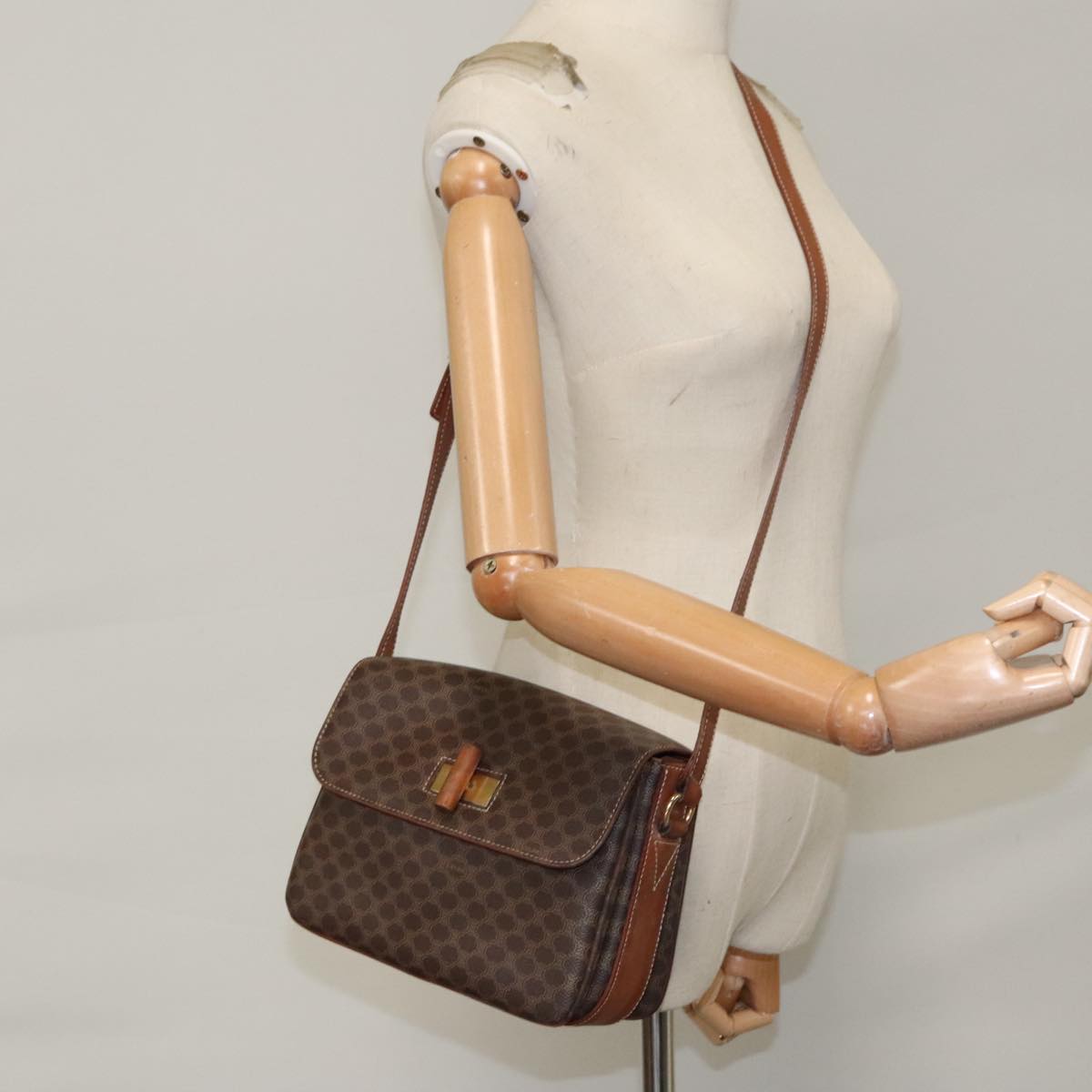 CELINE Macadam Canvas Shoulder Bag PVC Leather Brown Gold Auth ki5212