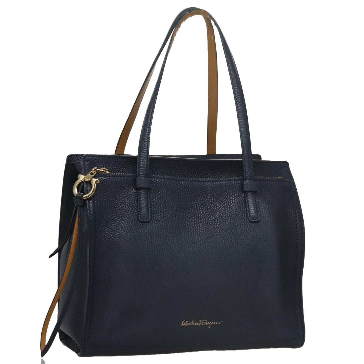 Salvatore Ferragamo Gancini Tote Bag Leather Navy Gold Auth ki5298