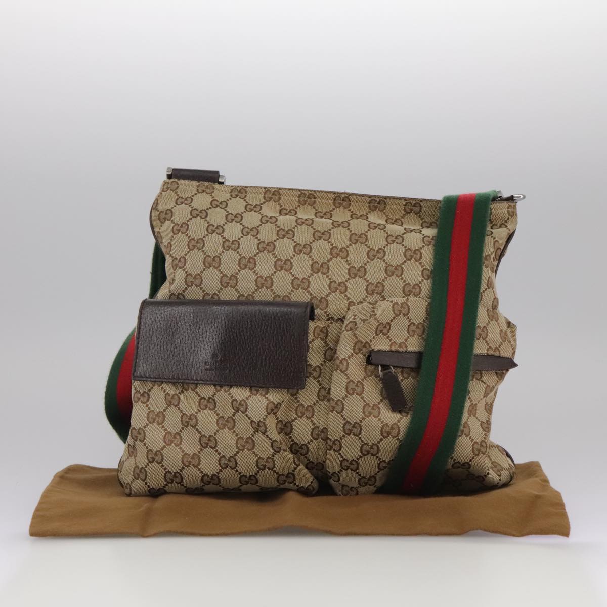 GUCCI GG Canvas Web Sherry Line Shoulder Bag Beige Red Green 169937 Auth ki5345