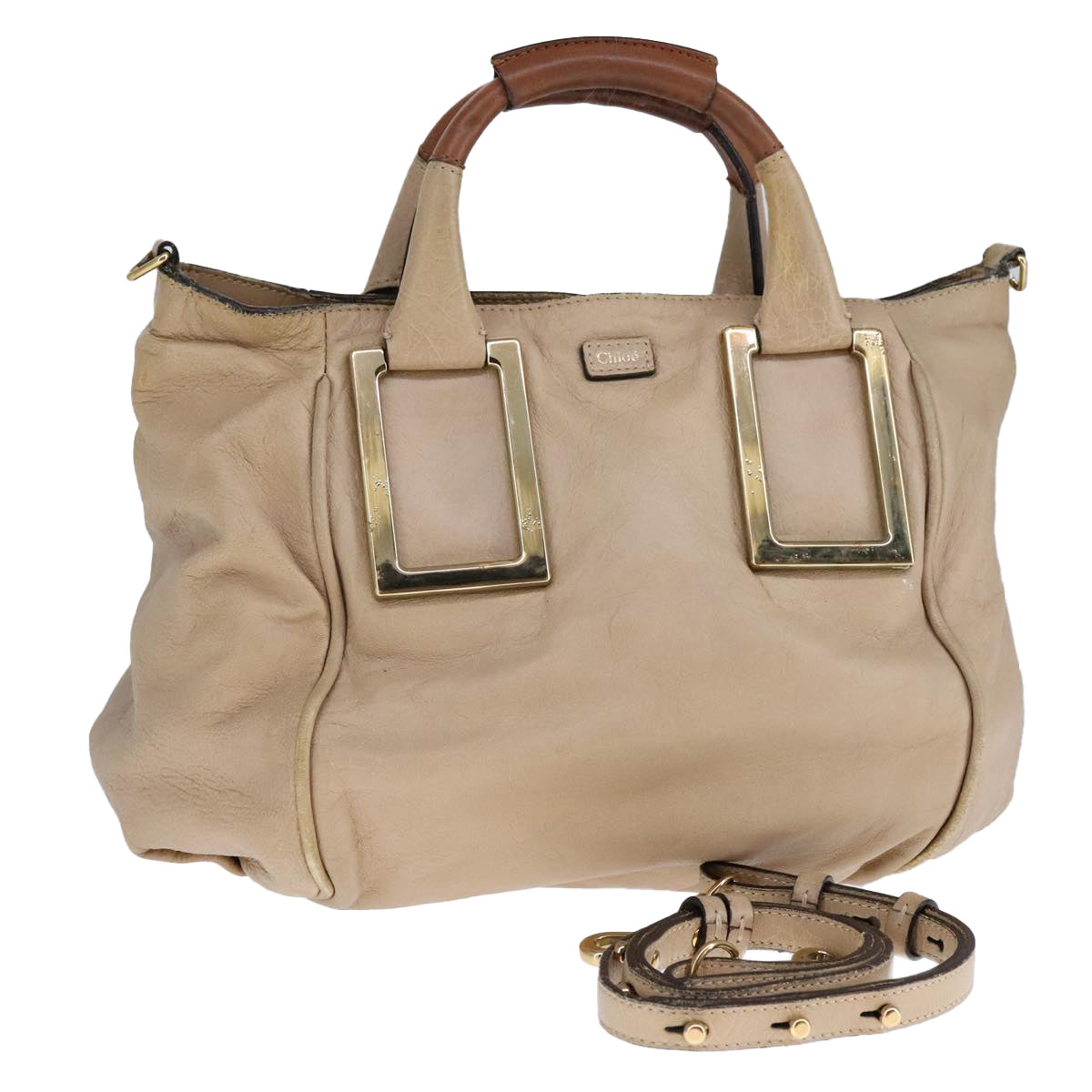 Chloe Etel Hand Bag Leather 2way Beige Gold Auth ki5376
