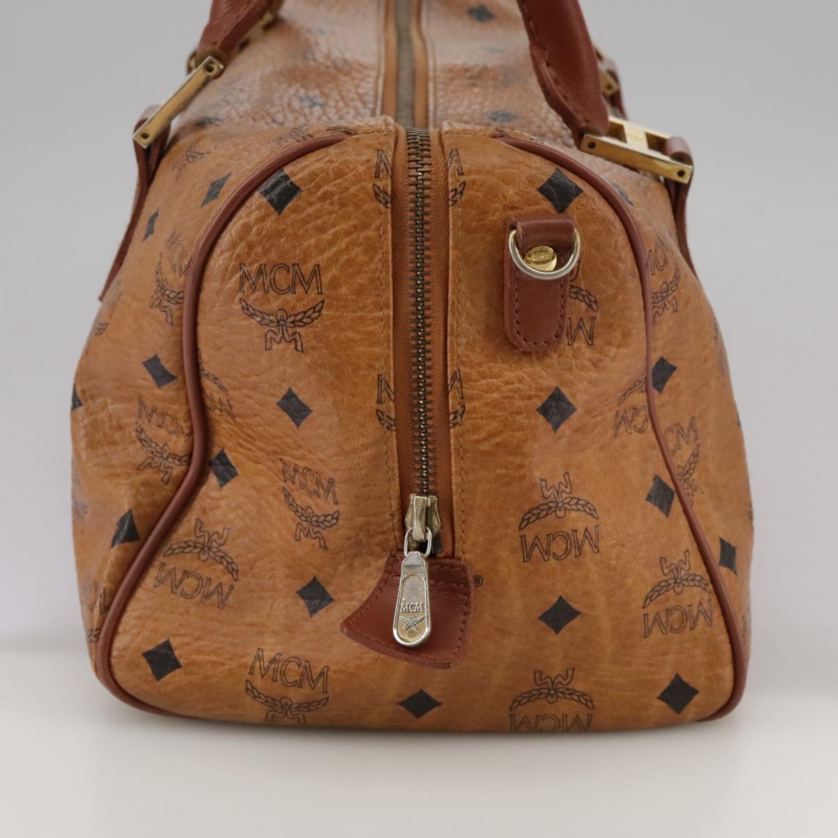 MCM Vicetos Logogram Mini Boston Bag PVC Leather 2way Brown Gold Auth ki5381