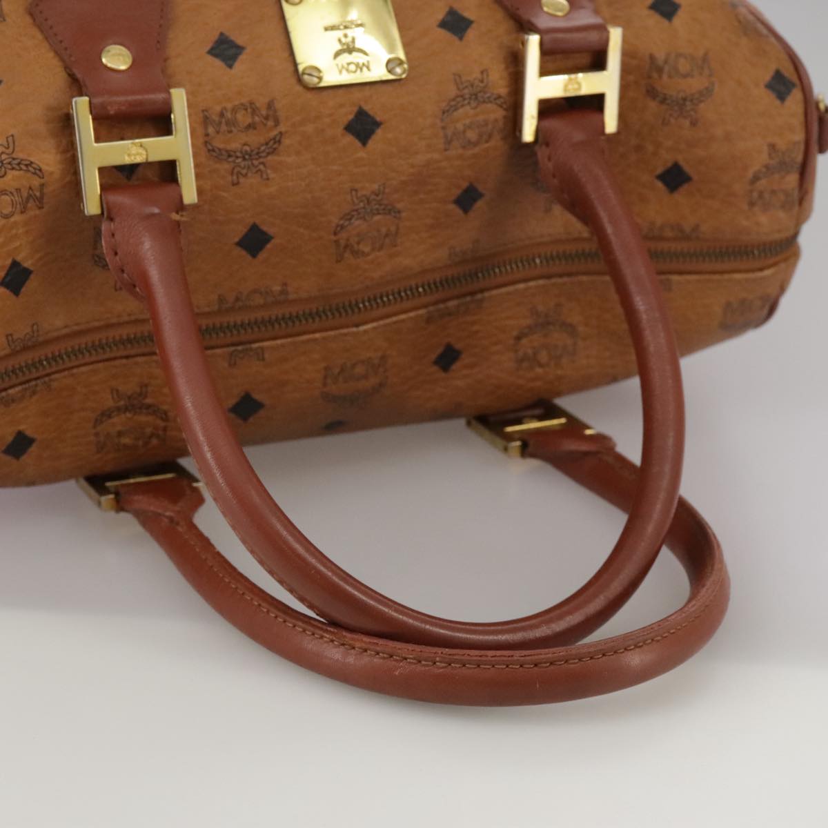 MCM Vicetos Logogram Mini Boston Bag PVC Leather 2way Brown Gold Auth ki5381