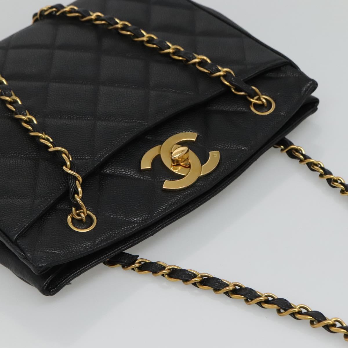 CHANEL Matelasse Chain Shoulder Bag Calf Skin Black Gold CC Auth ki5432