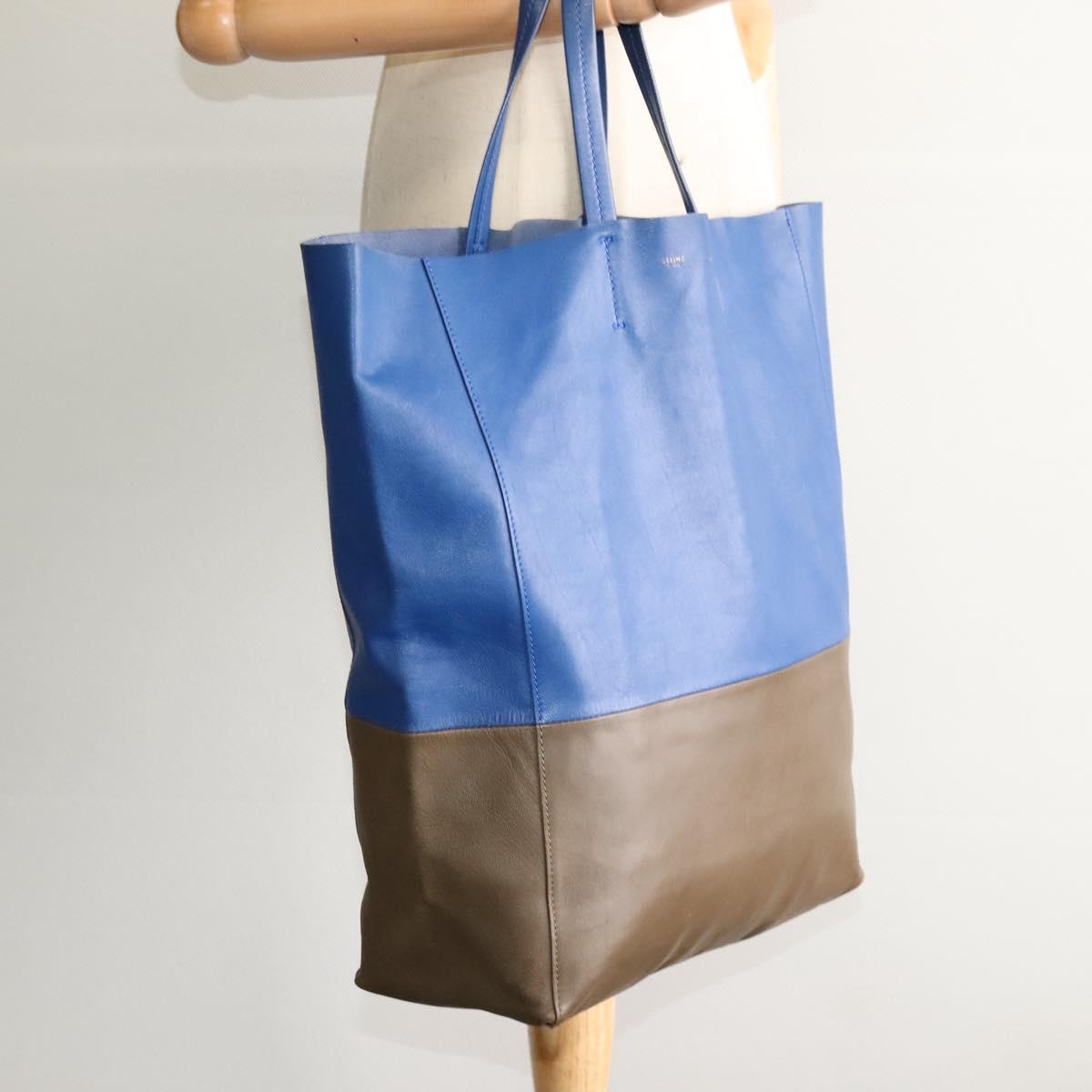 CELINE Vertical Cabas Hand Bag Leather Blue Brown Auth ki5445