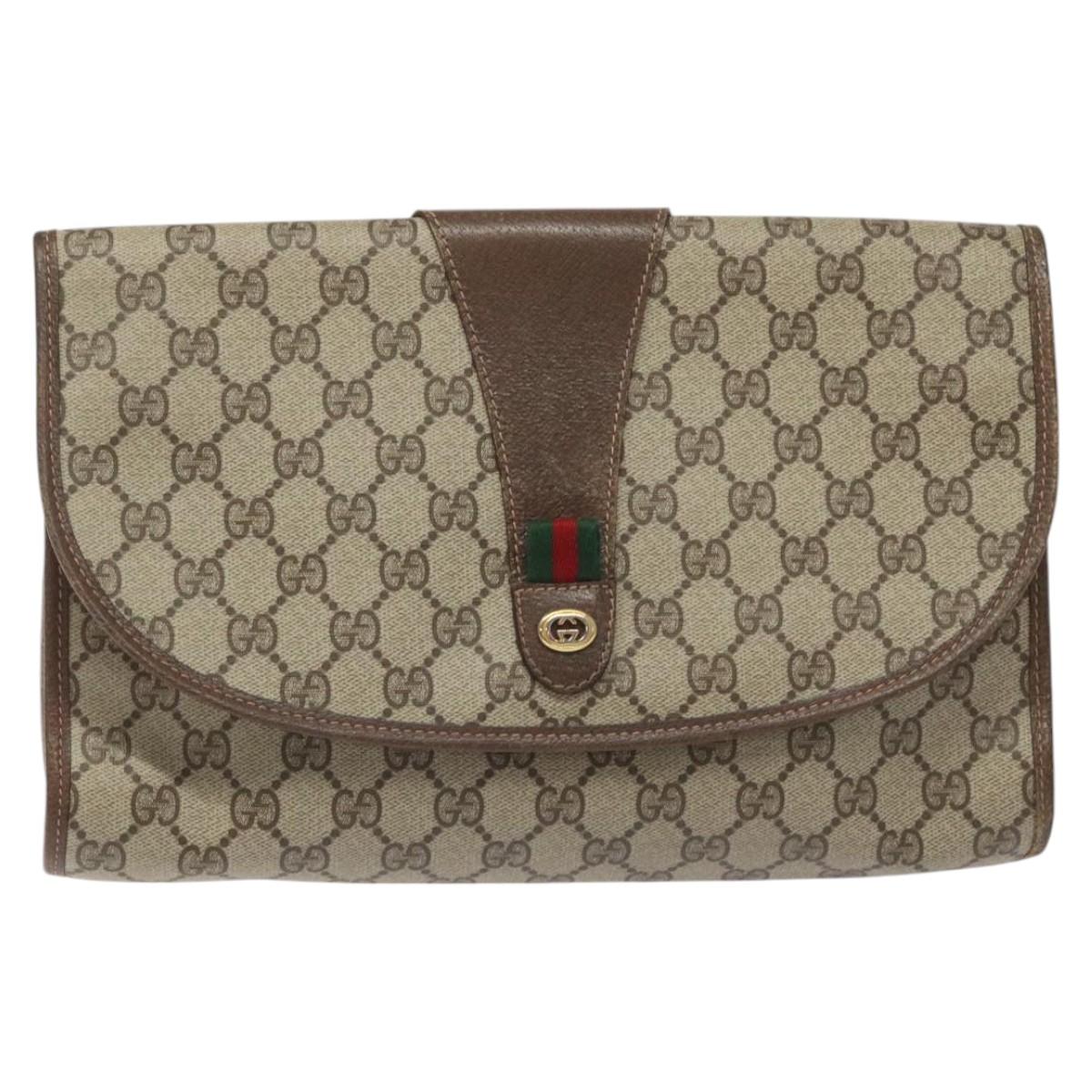 GUCCI GG Supreme Web Sherry Line Clutch Bag PVC Beige Red 156 01 031 Auth ki5446