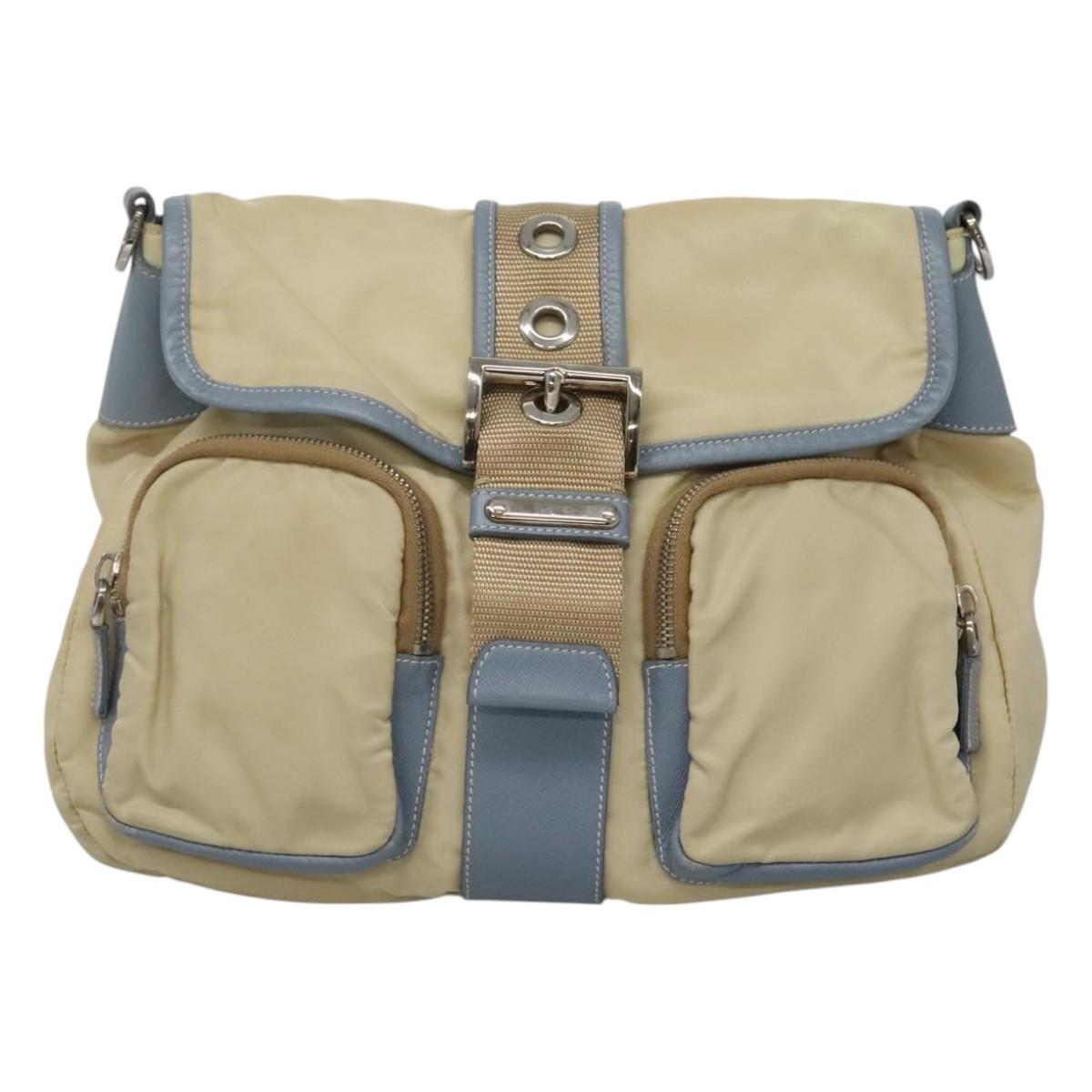 PRADA Shoulder Bag Nylon Leather Beige Auth ki5455