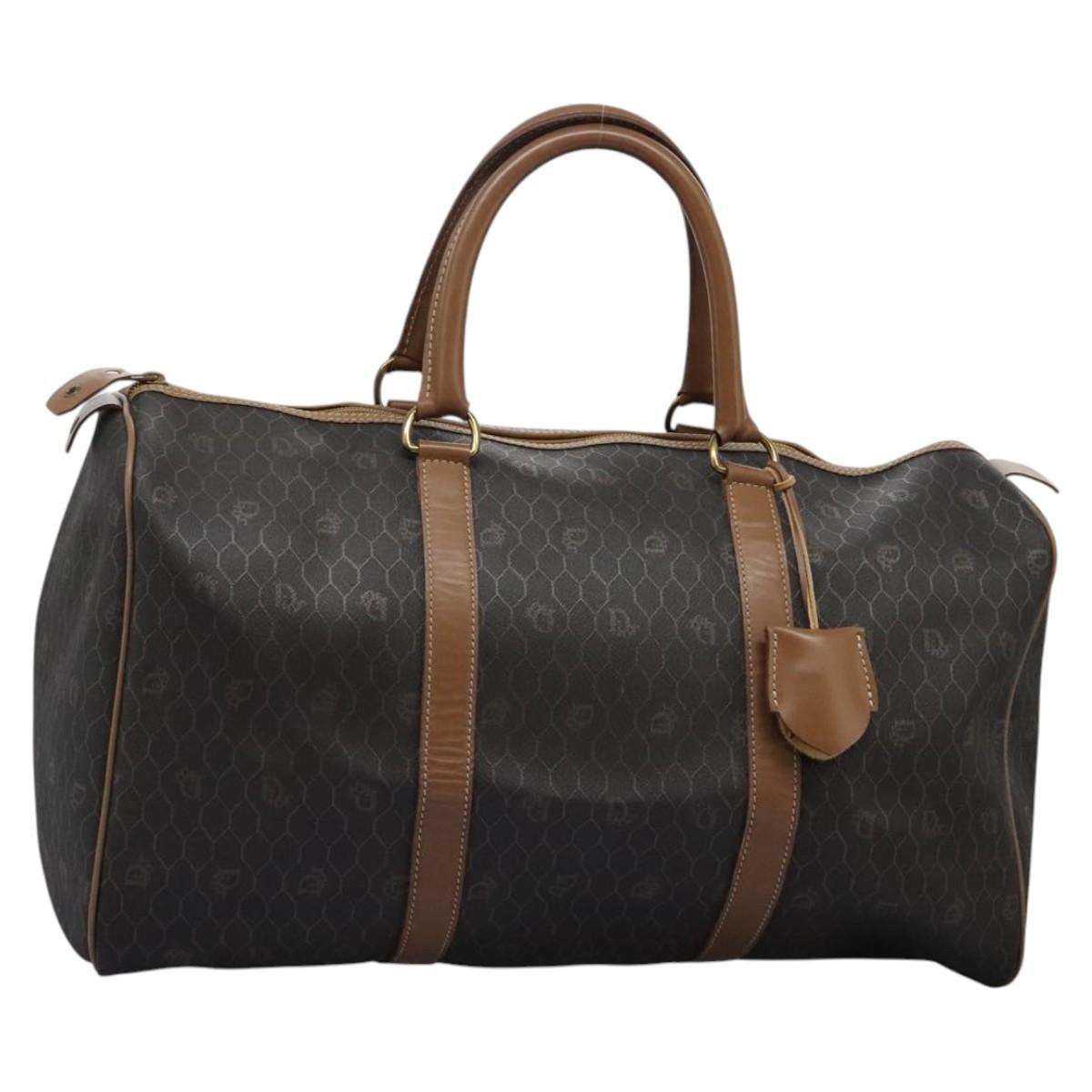 Christian Dior Honeycomb Canvas Boston Bag PVC Leather Black Auth ki5469