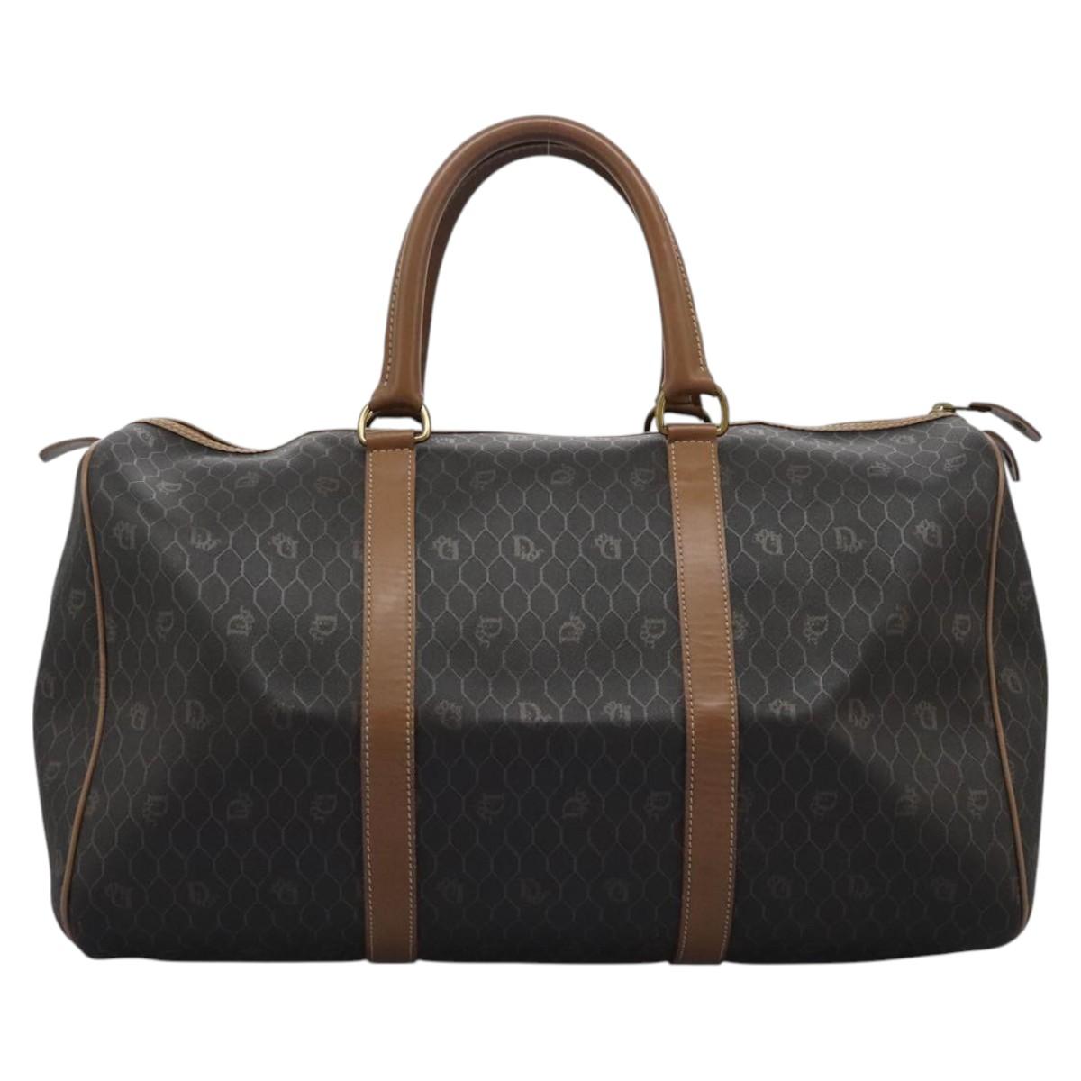 Christian Dior Honeycomb Canvas Boston Bag PVC Leather Black Auth ki5469