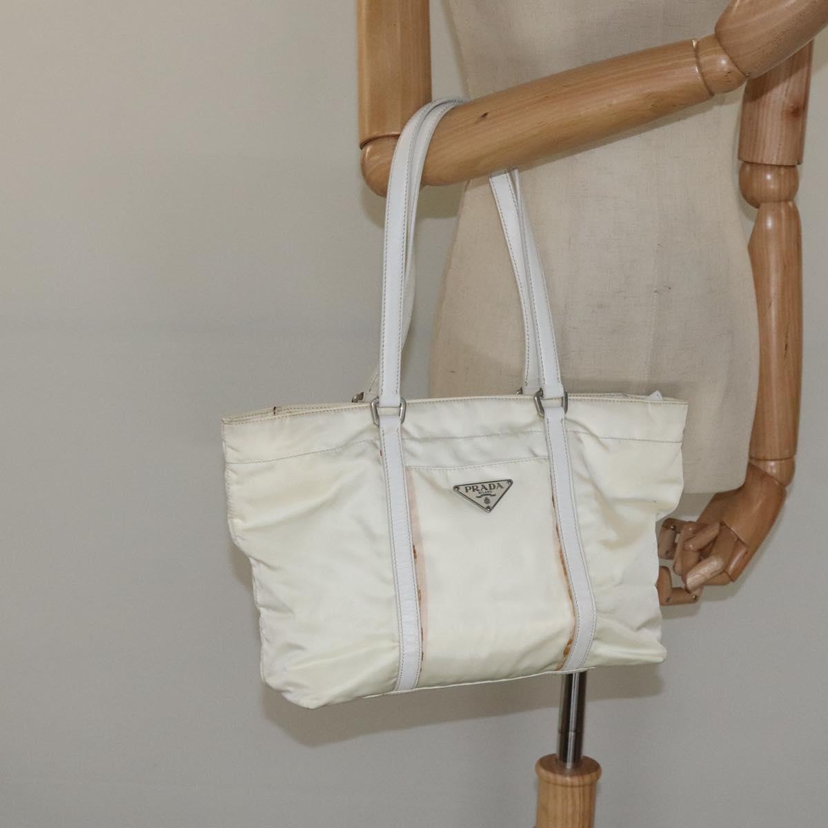 PRADA Hand Bag Nylon White Silver Auth ki5482