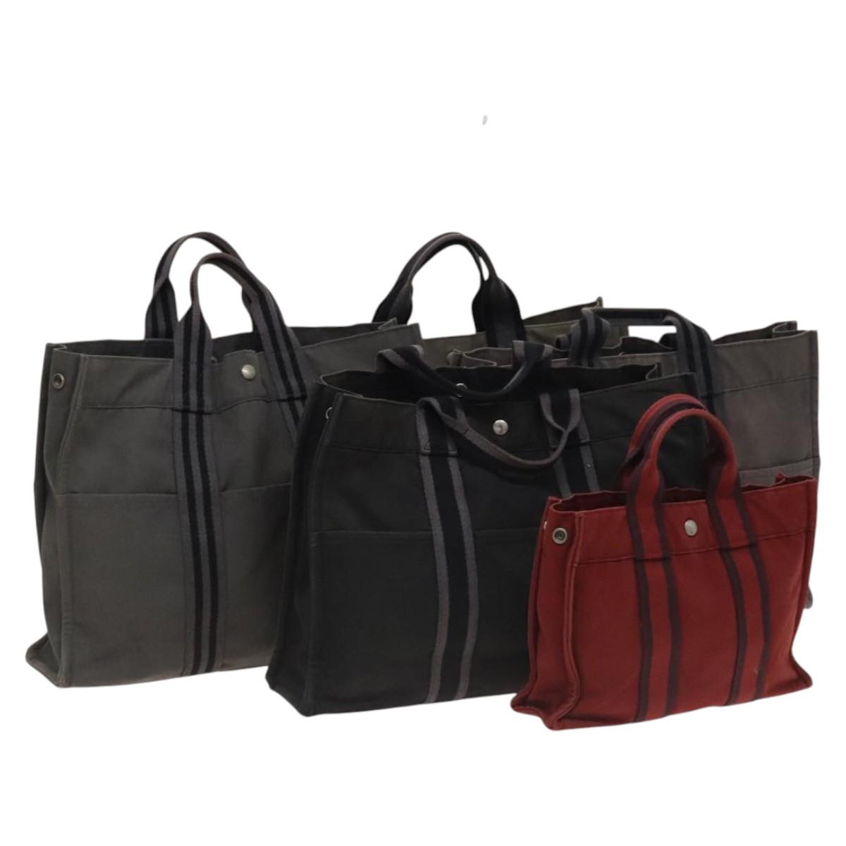HERMES Fourre Tout Tote Bag Canvas 5Set Black Gray Red Auth ki5556