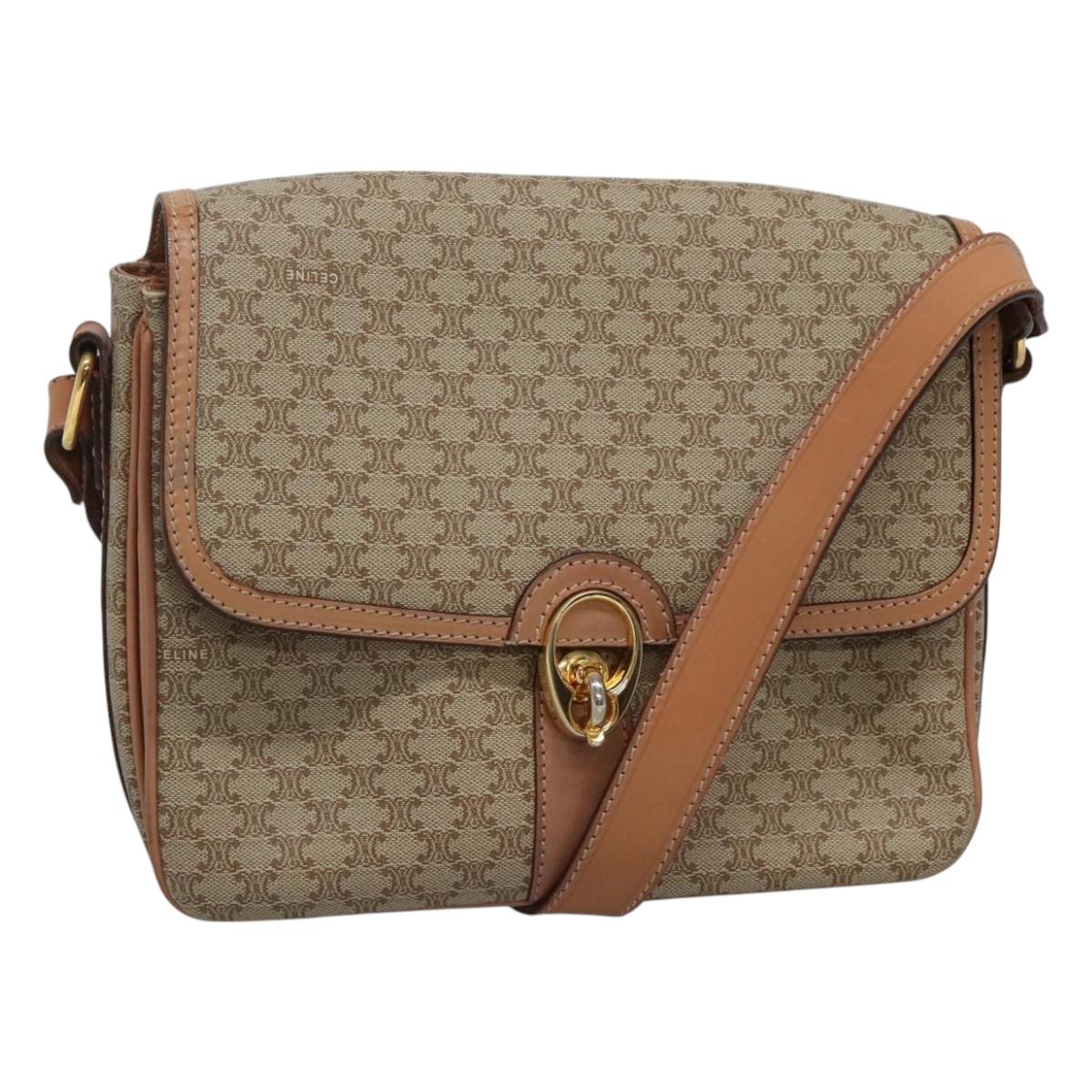 CELINE Macadam Canvas Shoulder Bag PVC Beige Gold Auth ki5580