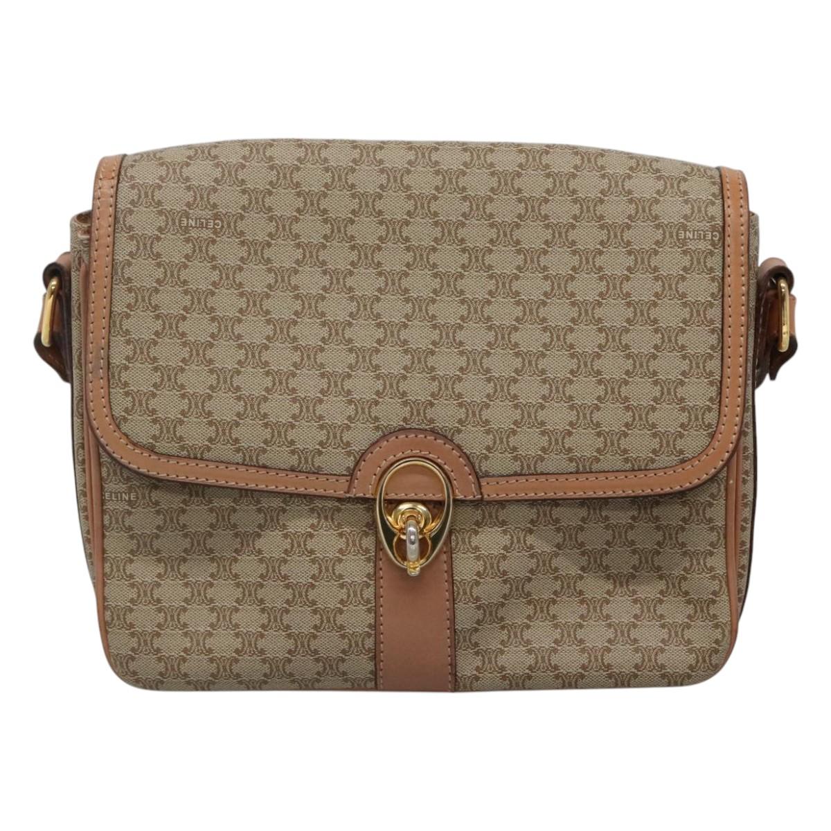 CELINE Macadam Canvas Shoulder Bag PVC Beige Gold Auth ki5580