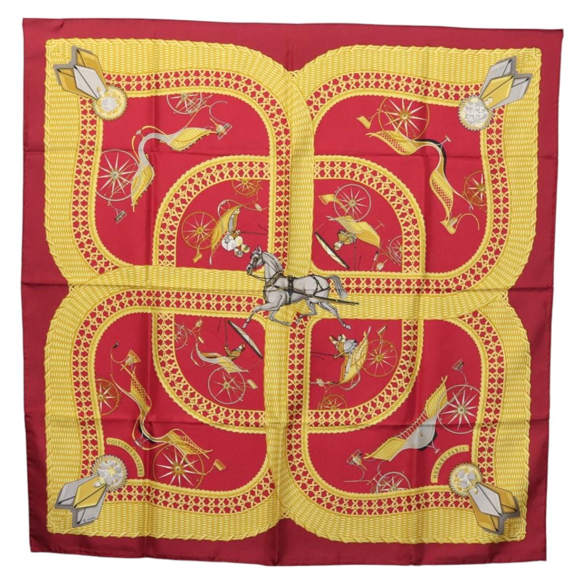HERMES Carre 90 Scarf VIOTURES PANIERS Silk Red Yellow Auth ki5595