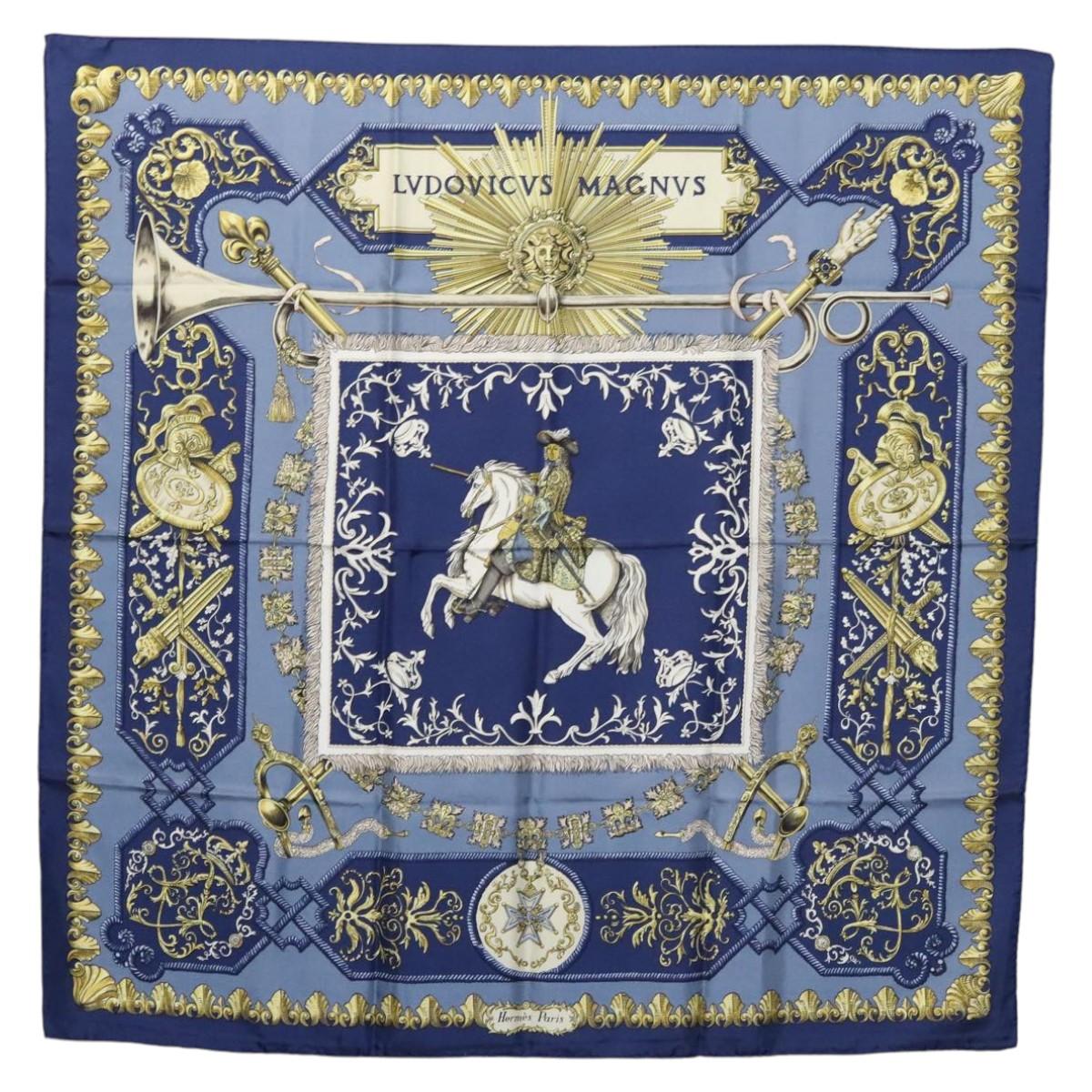 HERMES Carre 90 Scarf LVDOVICVS MAGNVS Silk Blue Auth ki5596