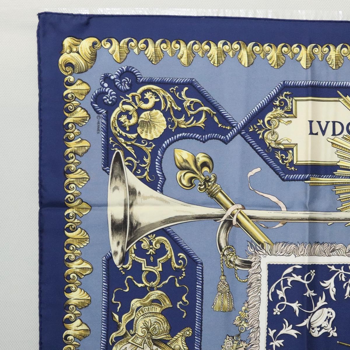 HERMES Carre 90 Scarf LVDOVICVS MAGNVS Silk Blue Auth ki5596