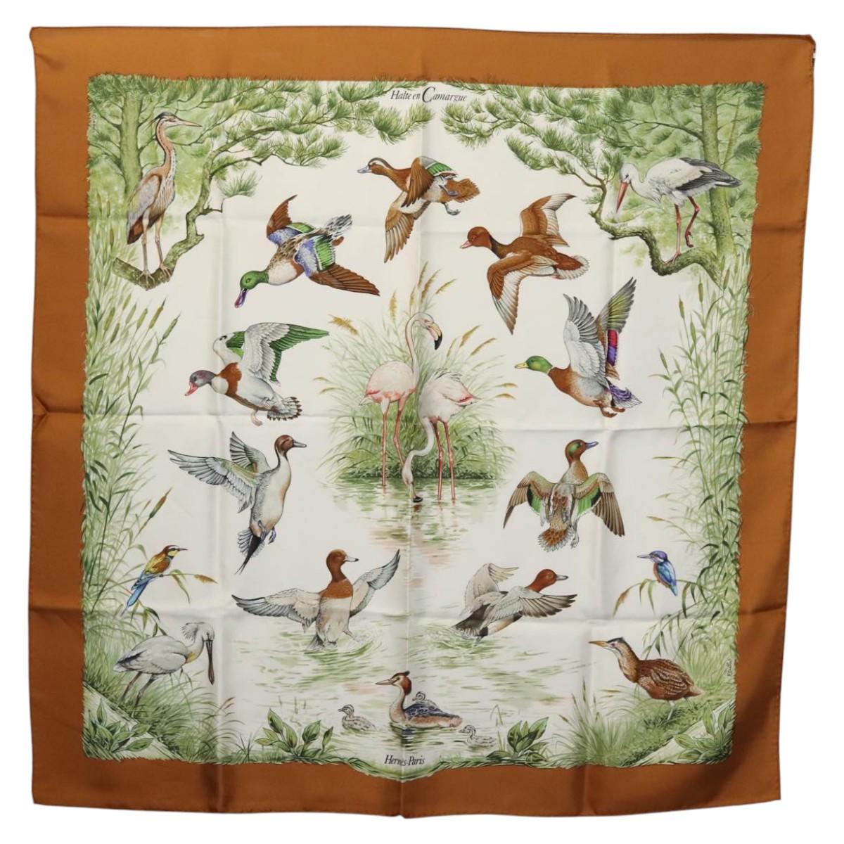 HERMES Carre 90 Scarf Halte en Camargue Silk Brown Green Auth ki5597