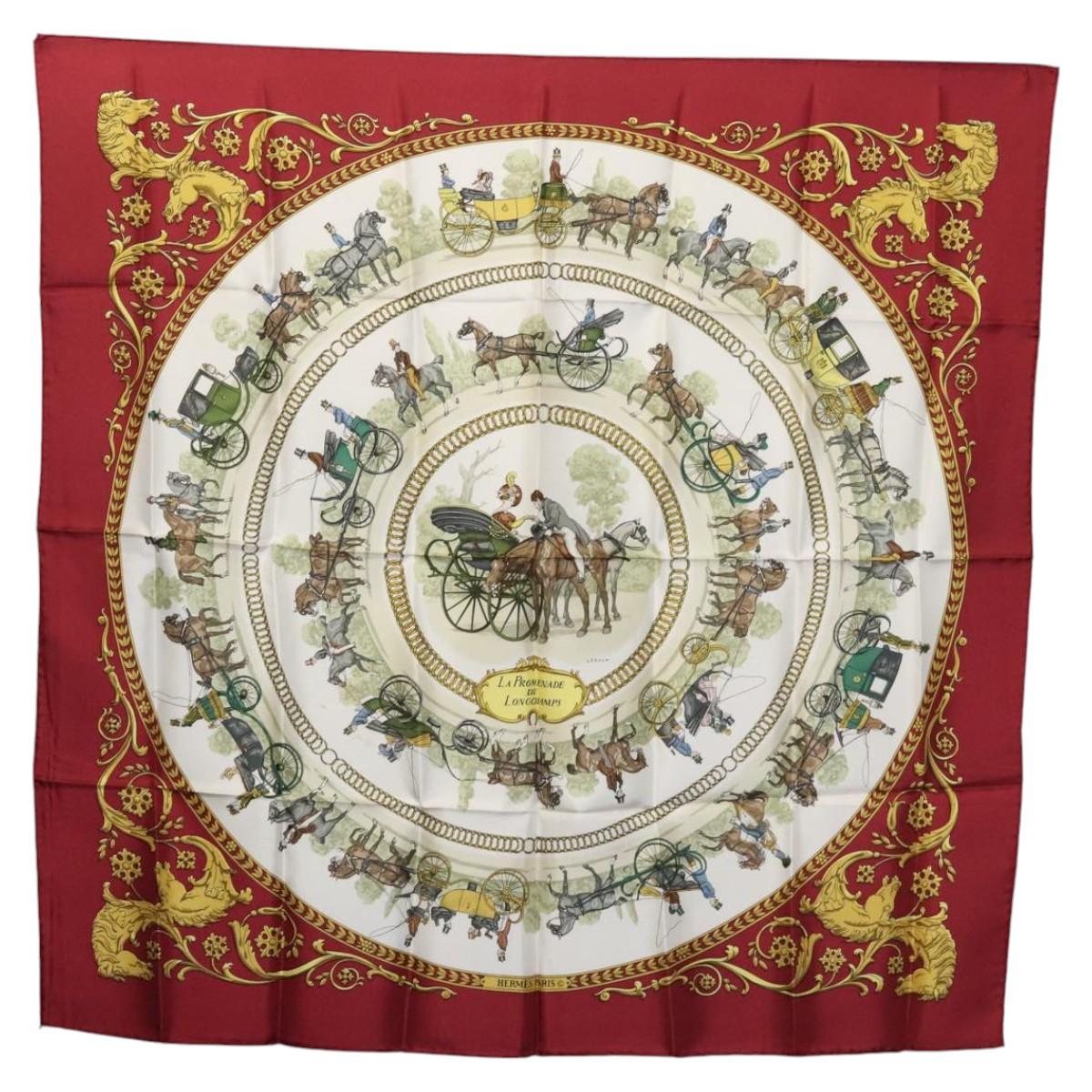 HERMES Carre 90 Scarf LA PROMENADE DE LONGCHAMPS Silk Red White Auth ki5598