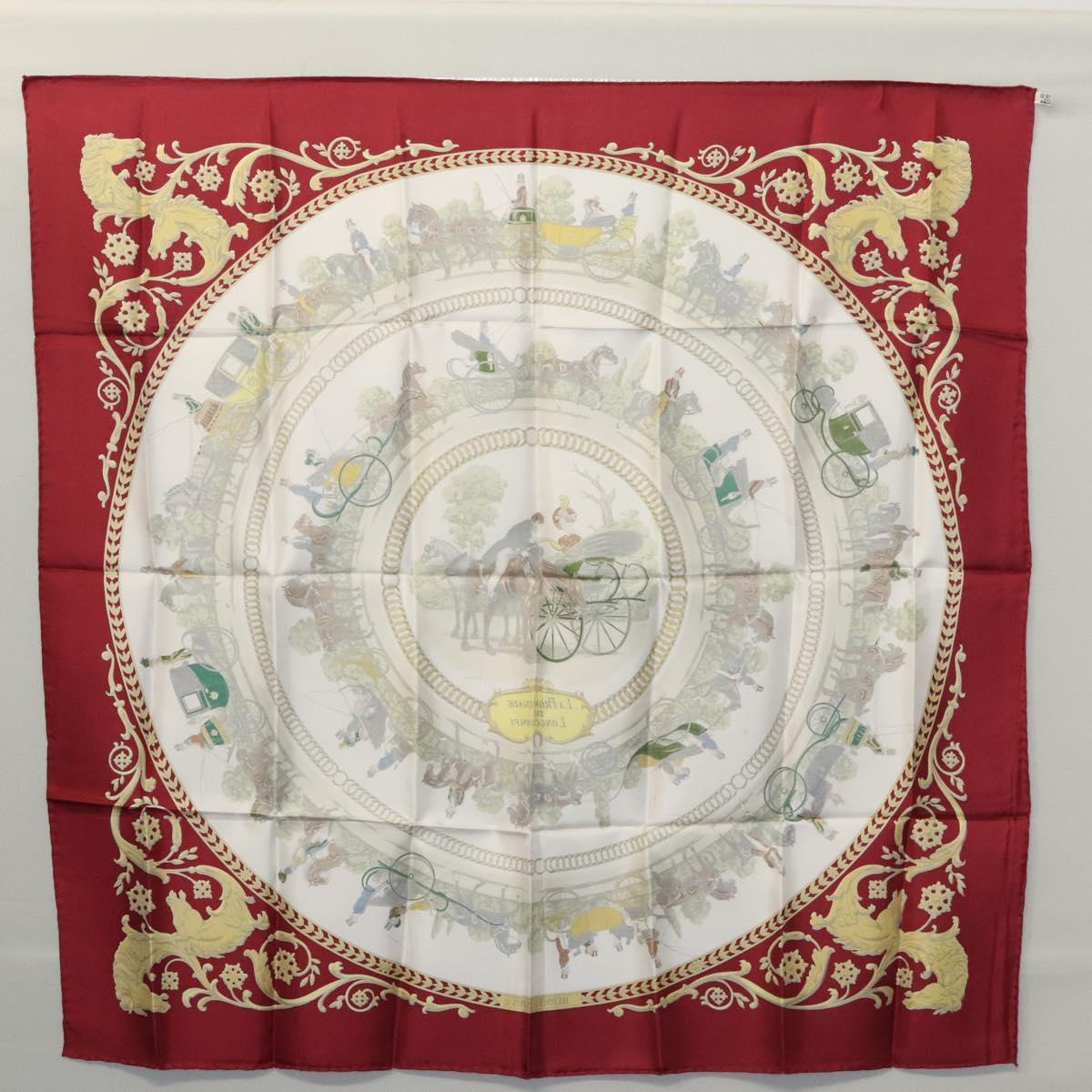 HERMES Carre 90 Scarf LA PROMENADE DE LONGCHAMPS Silk Red White Auth ki5598