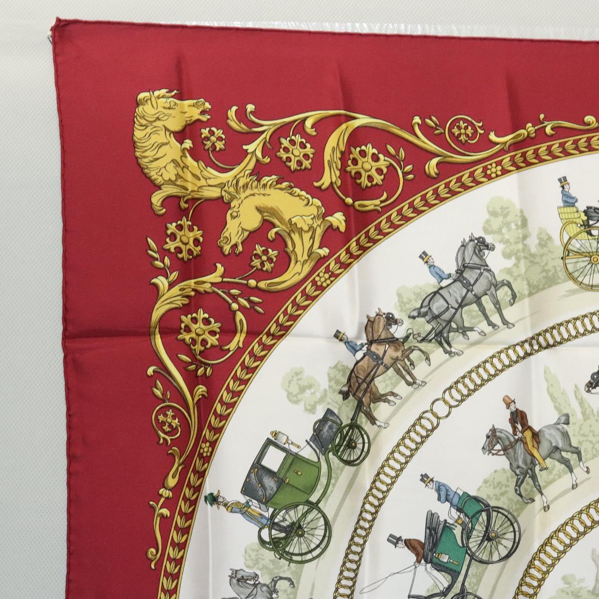 HERMES Carre 90 Scarf LA PROMENADE DE LONGCHAMPS Silk Red White Auth ki5598