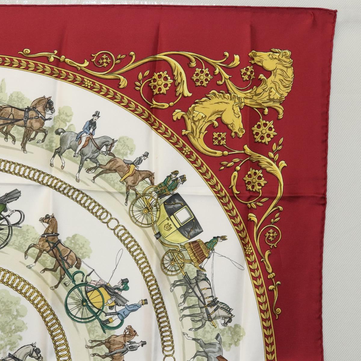 HERMES Carre 90 Scarf LA PROMENADE DE LONGCHAMPS Silk Red White Auth ki5598