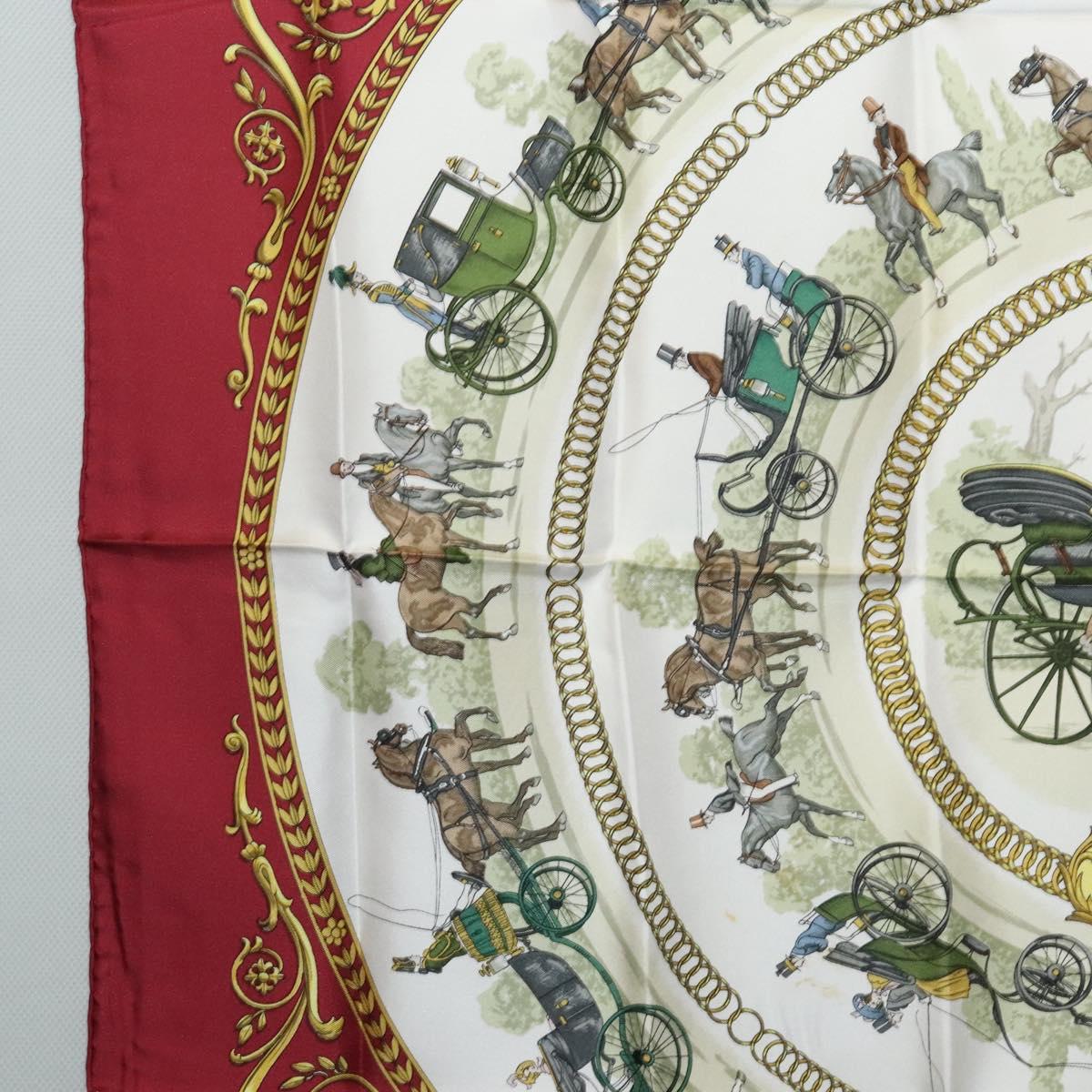 HERMES Carre 90 Scarf LA PROMENADE DE LONGCHAMPS Silk Red White Auth ki5598