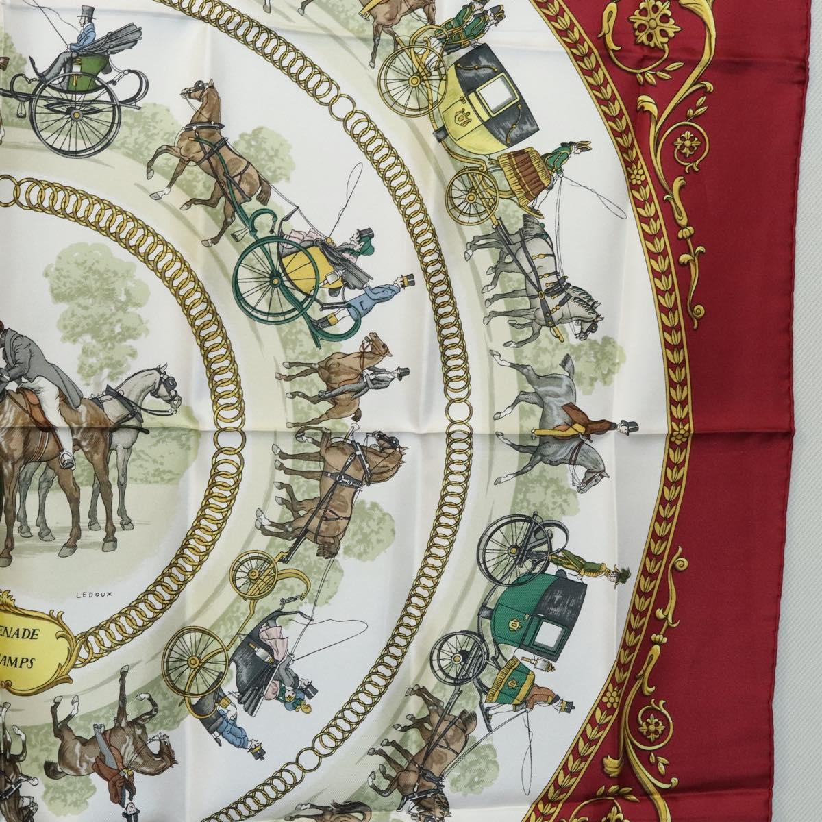 HERMES Carre 90 Scarf LA PROMENADE DE LONGCHAMPS Silk Red White Auth ki5598